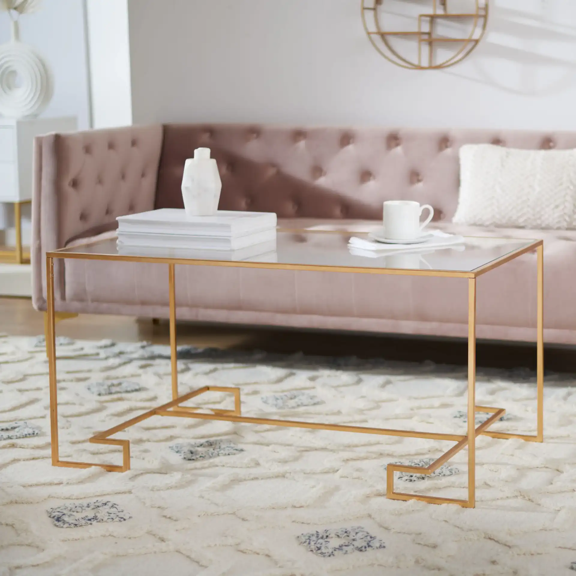 Burton Coffee Table in Gold / Clear in a styled room