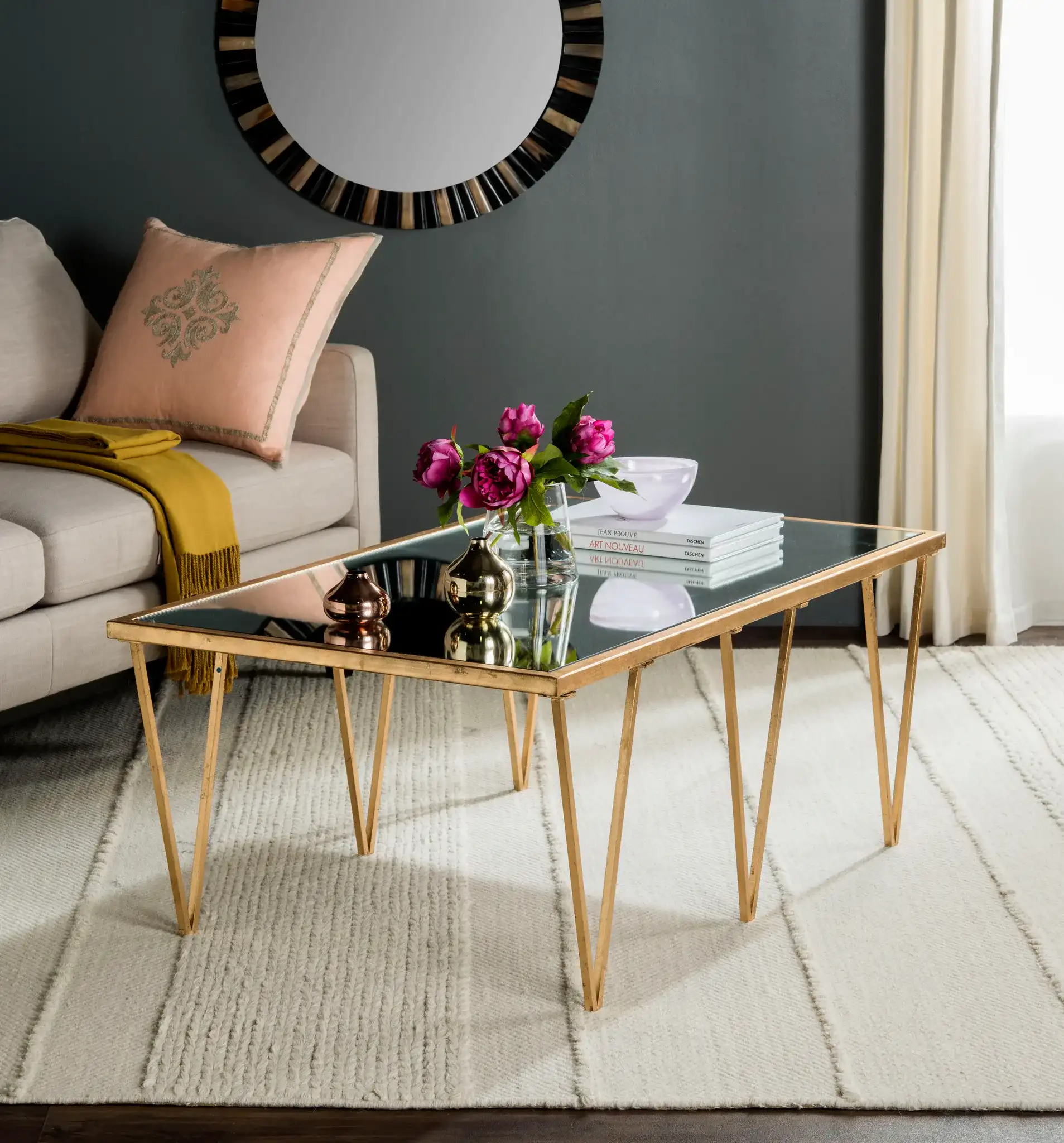 Arlene Coffee Table in Gold in a styled room