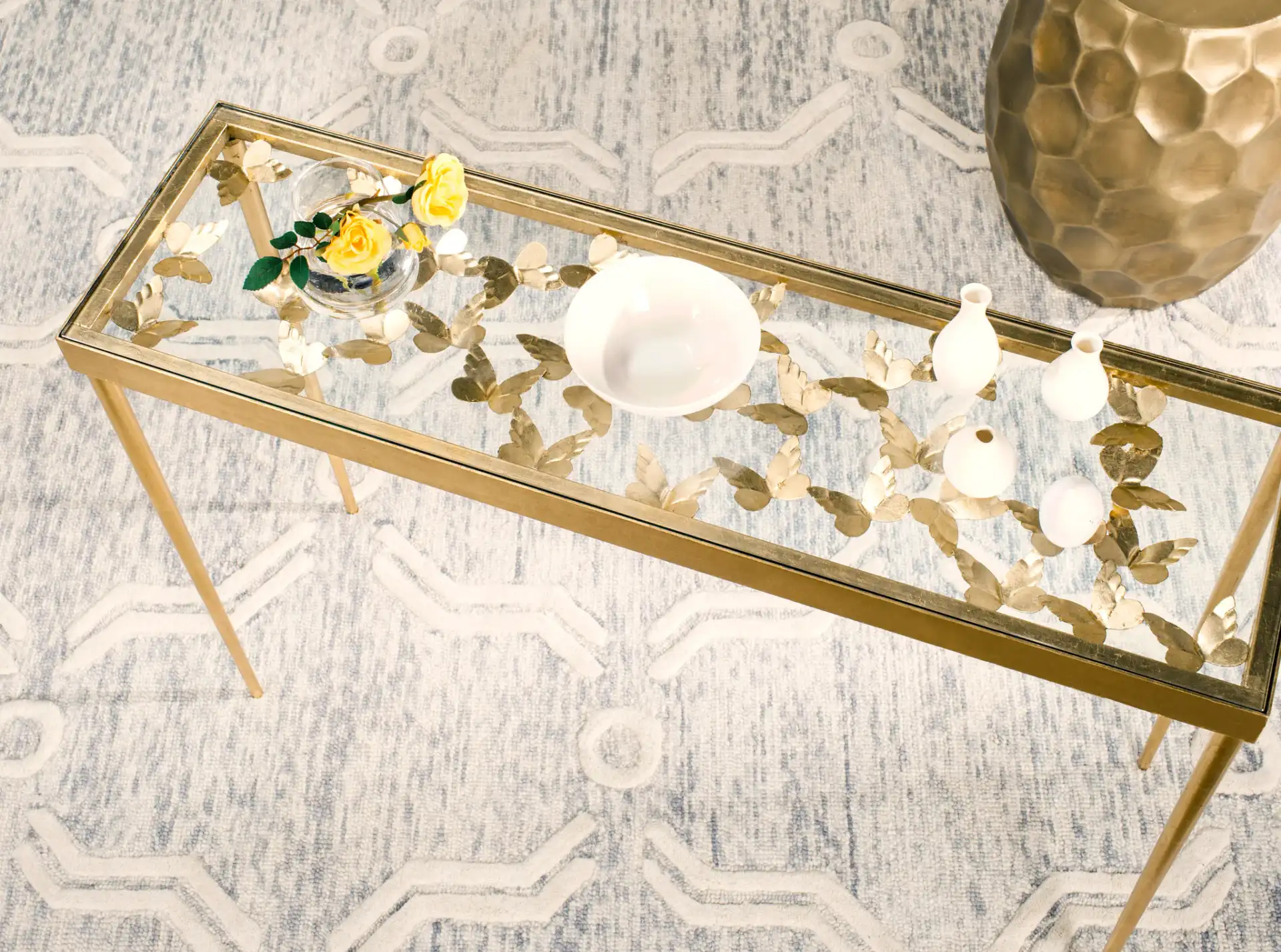 Rosalia Butterfly Console in Gold / Clear in a styled room