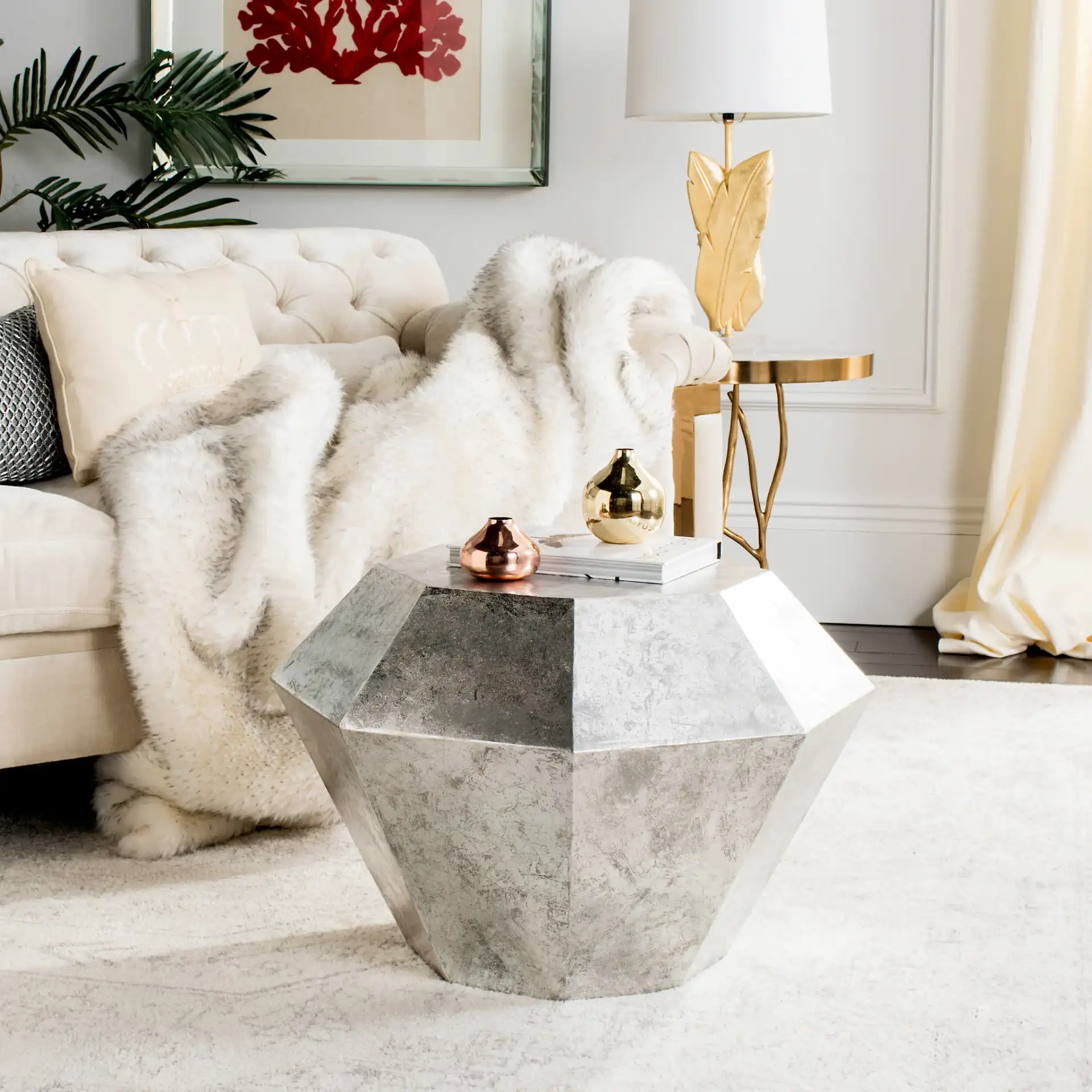 Grace Diamond Accent Table in Antique Copper in a styled room