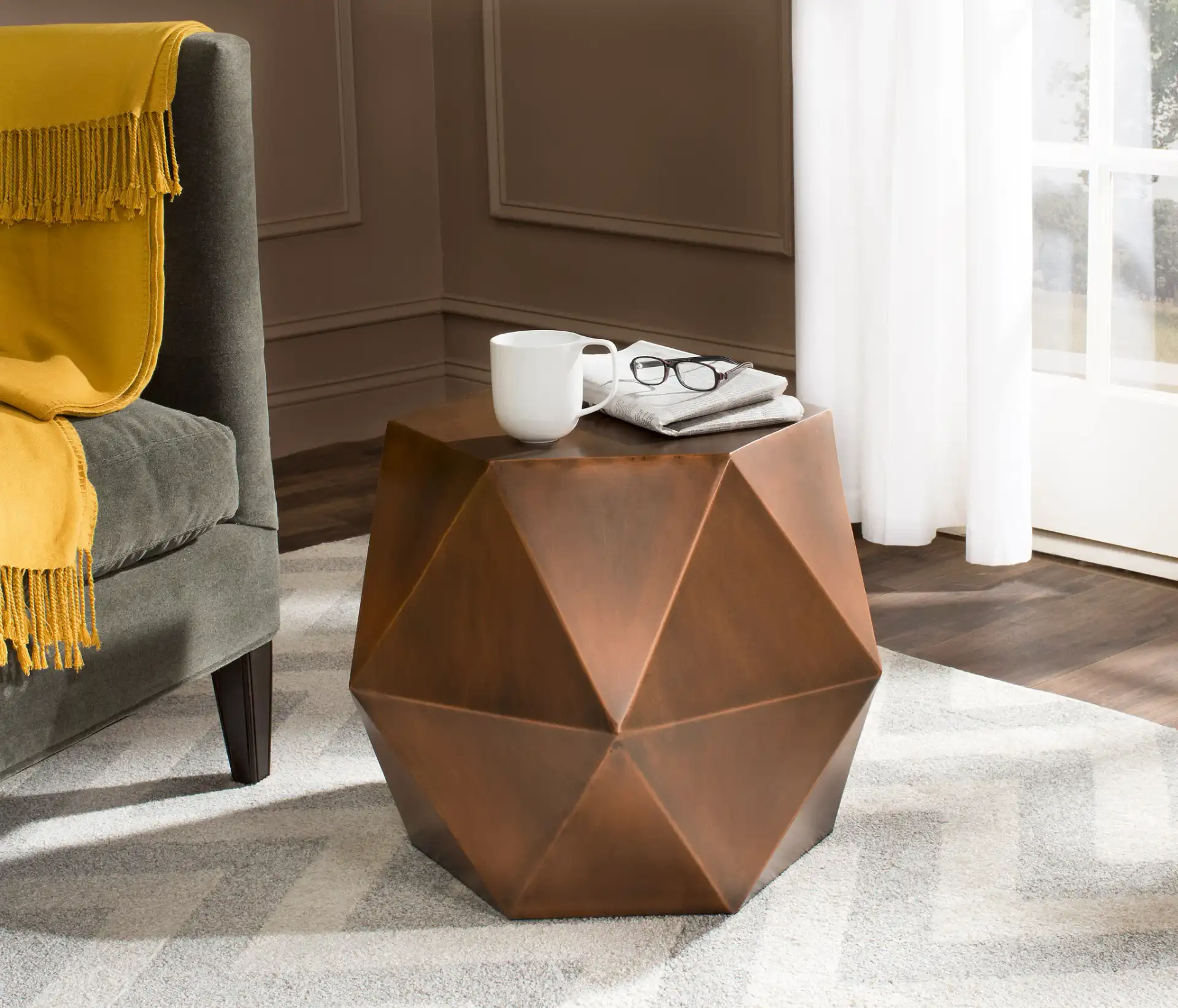 Astrid Faceted Side Table in Copper in a styled room
