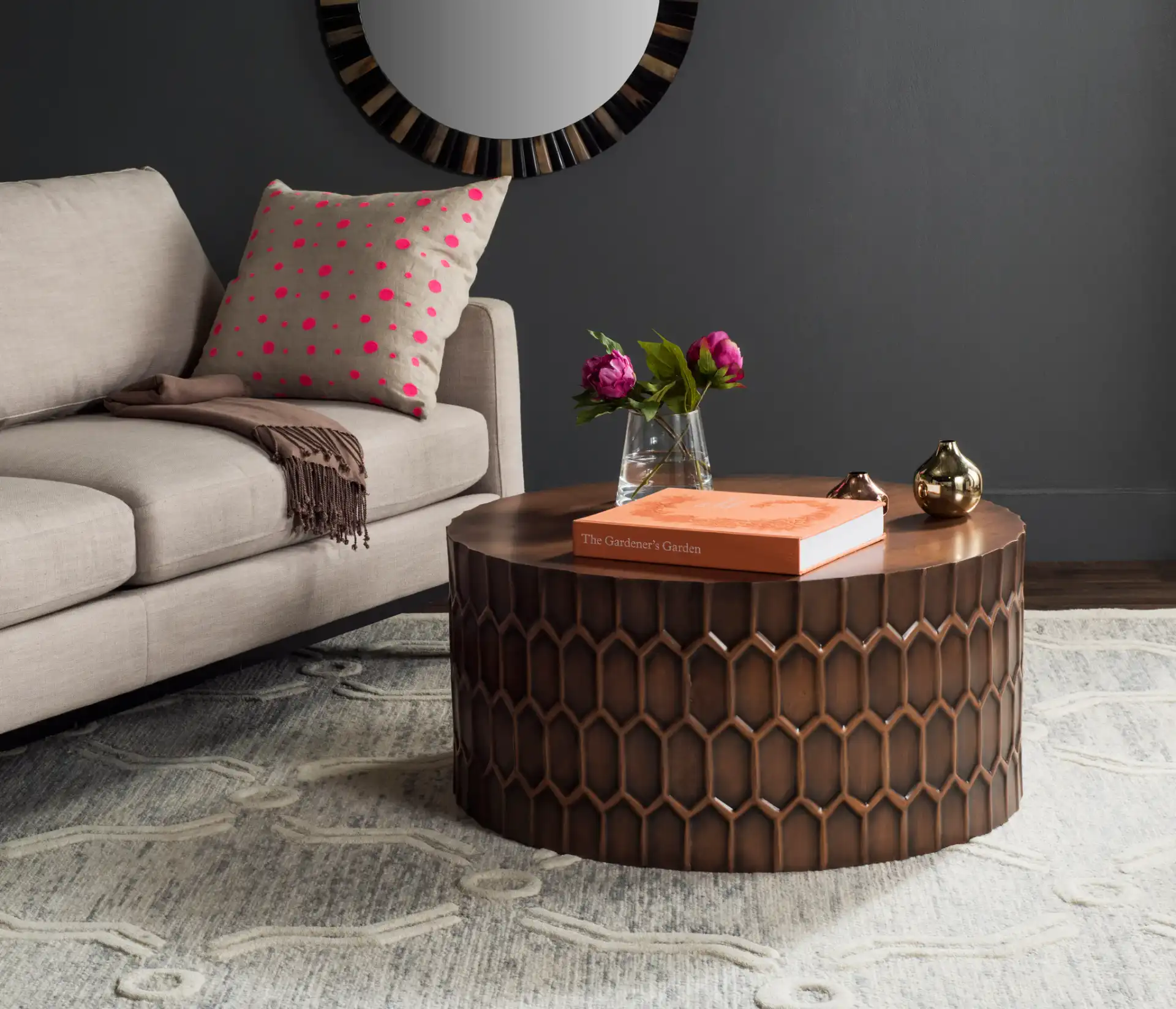 Corey Coffee Table in Antique Copper in a styled room