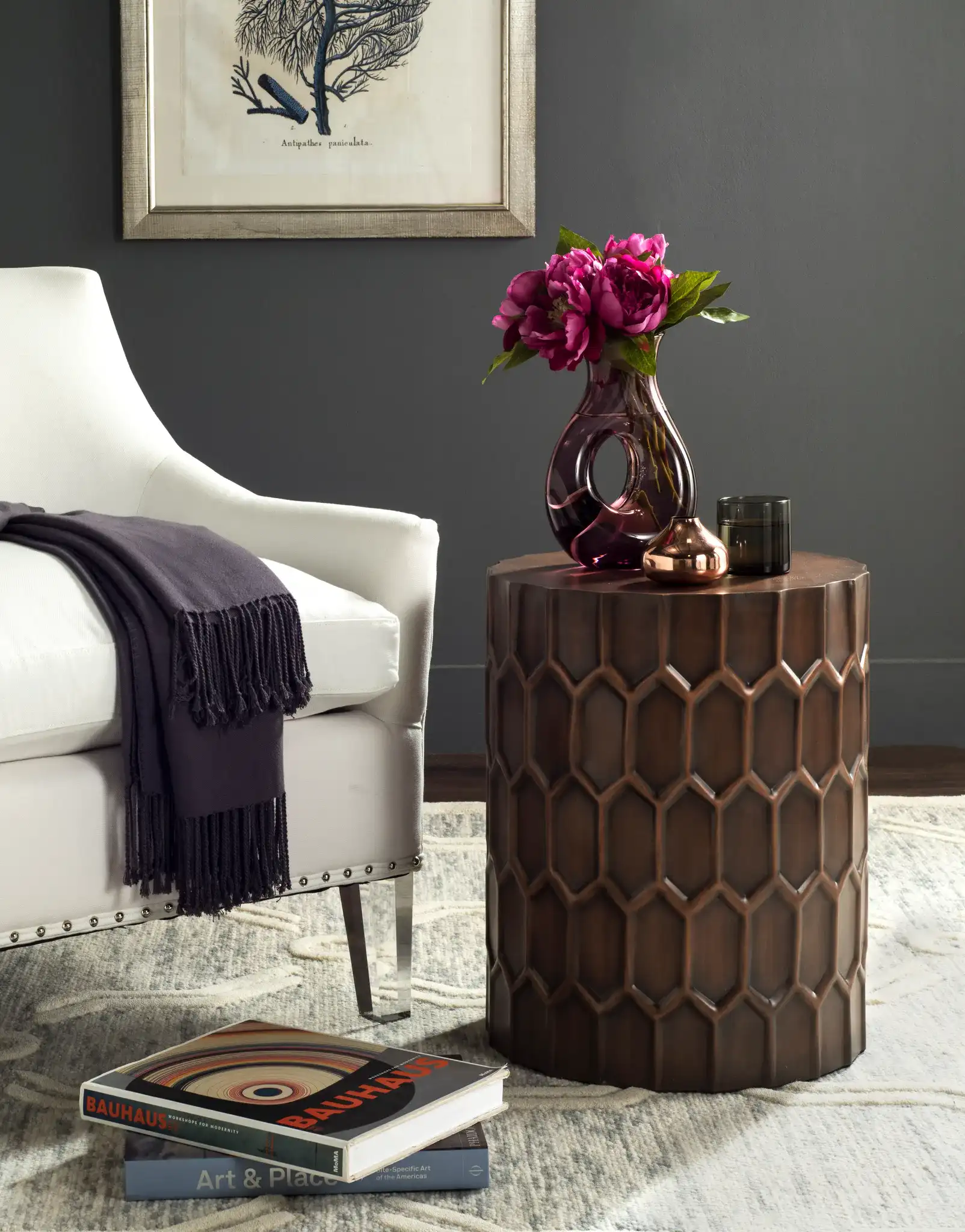 Corey Side Tables in Antique Copper in a styled room