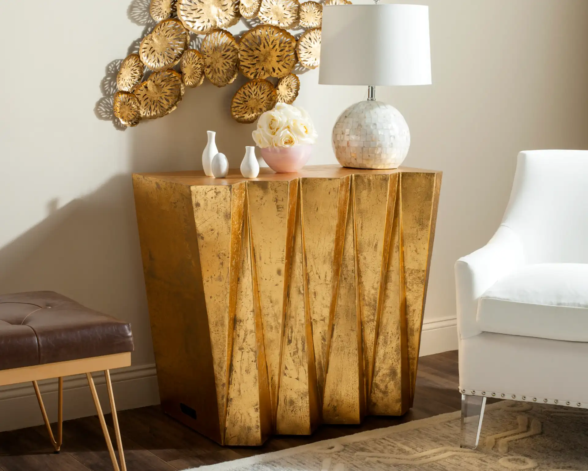 Gisela Hex Console in Gold in a styled room