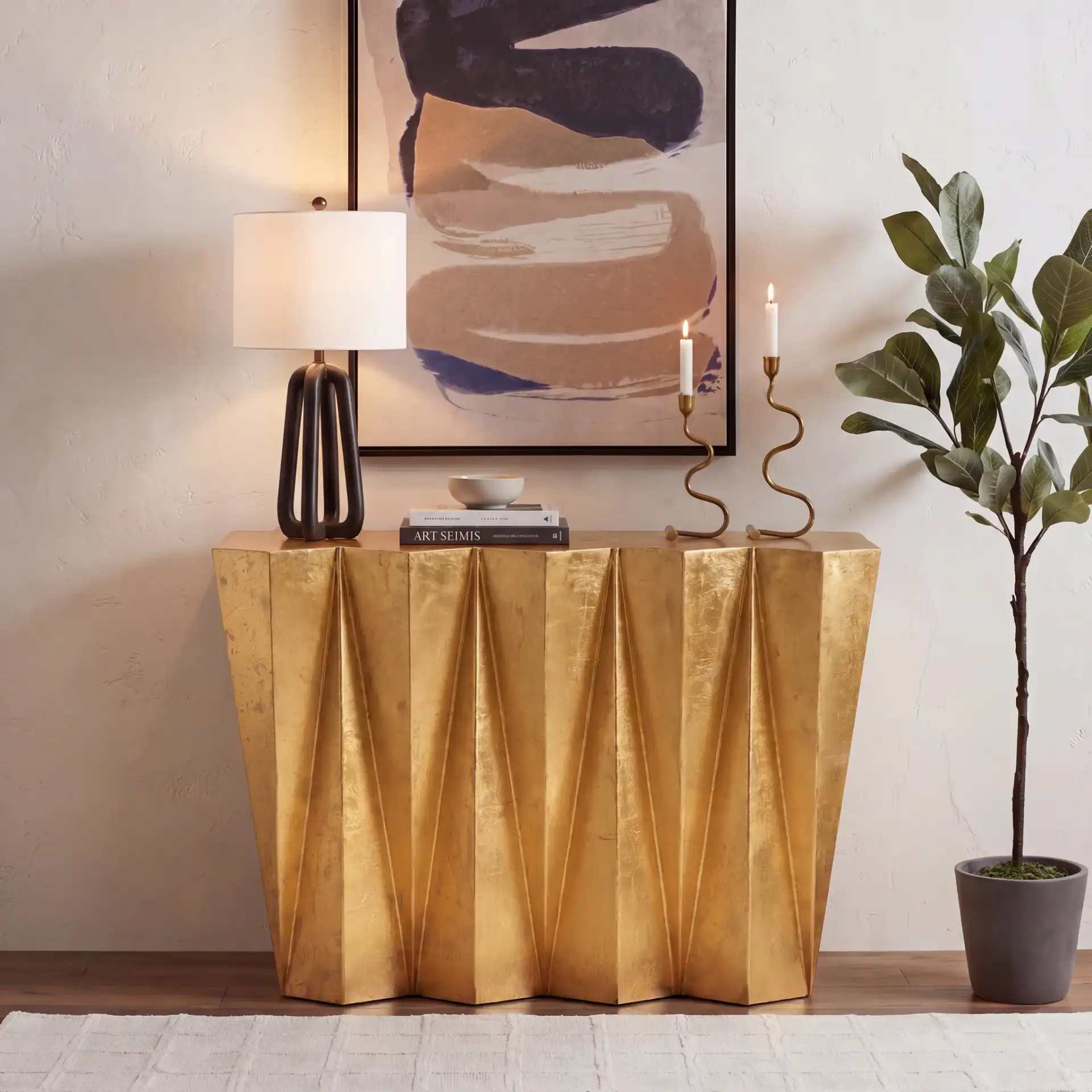 Gisela Hex Console in Gold in a styled room