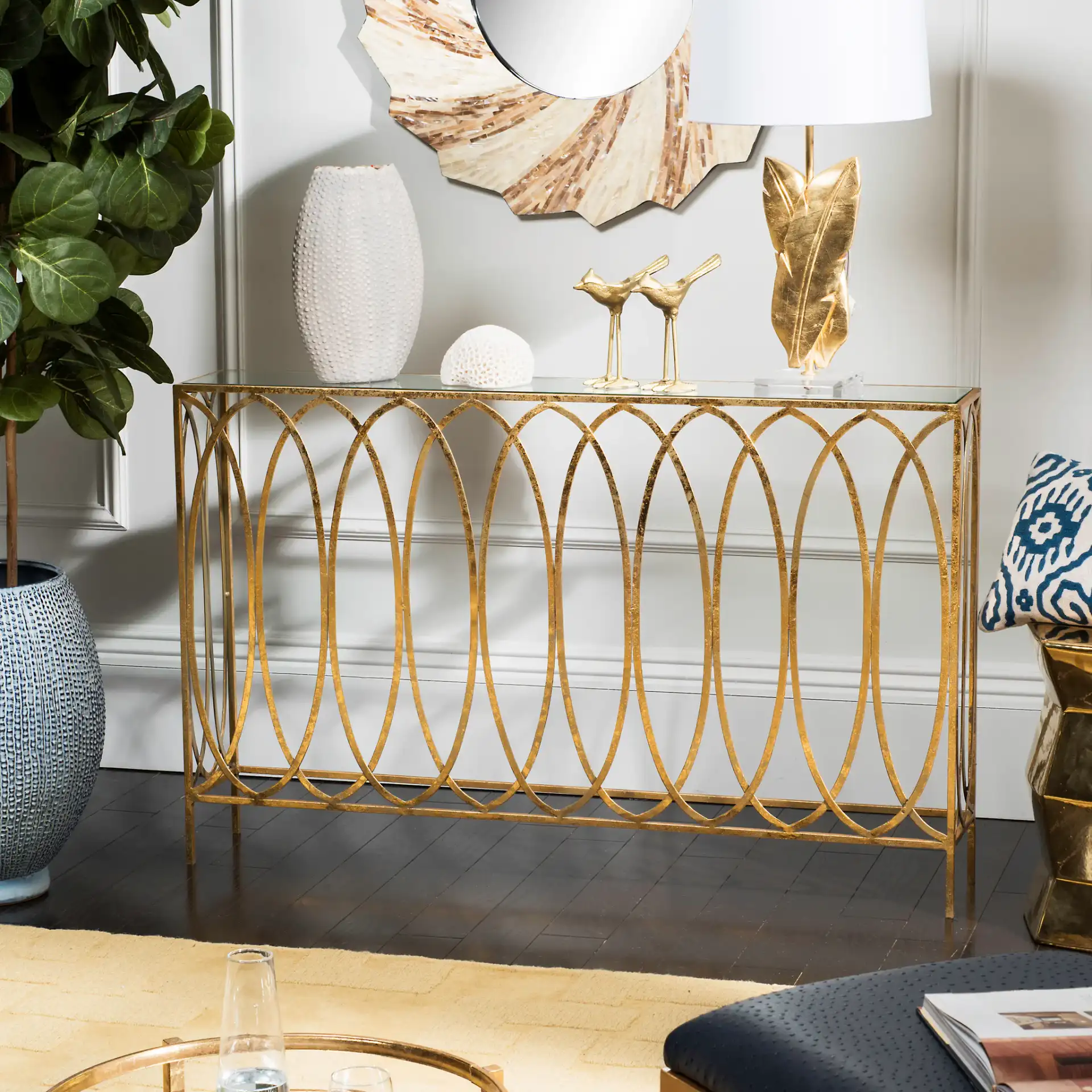 Carina Oval Ringed Console Tab in Gold Foil / Clear in a styled room