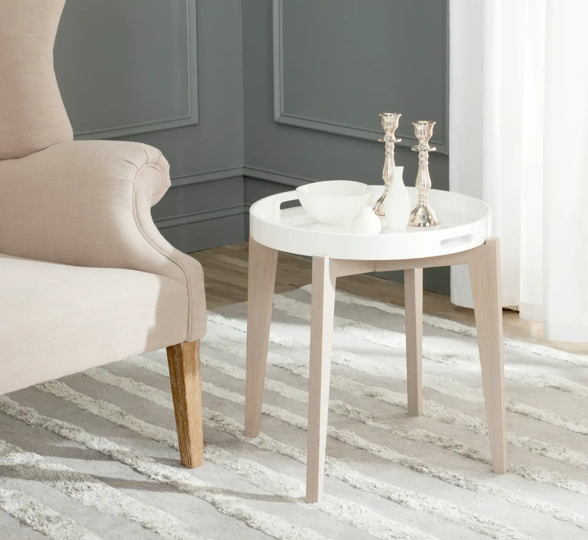 Ben End Table in White / Brown in a styled room