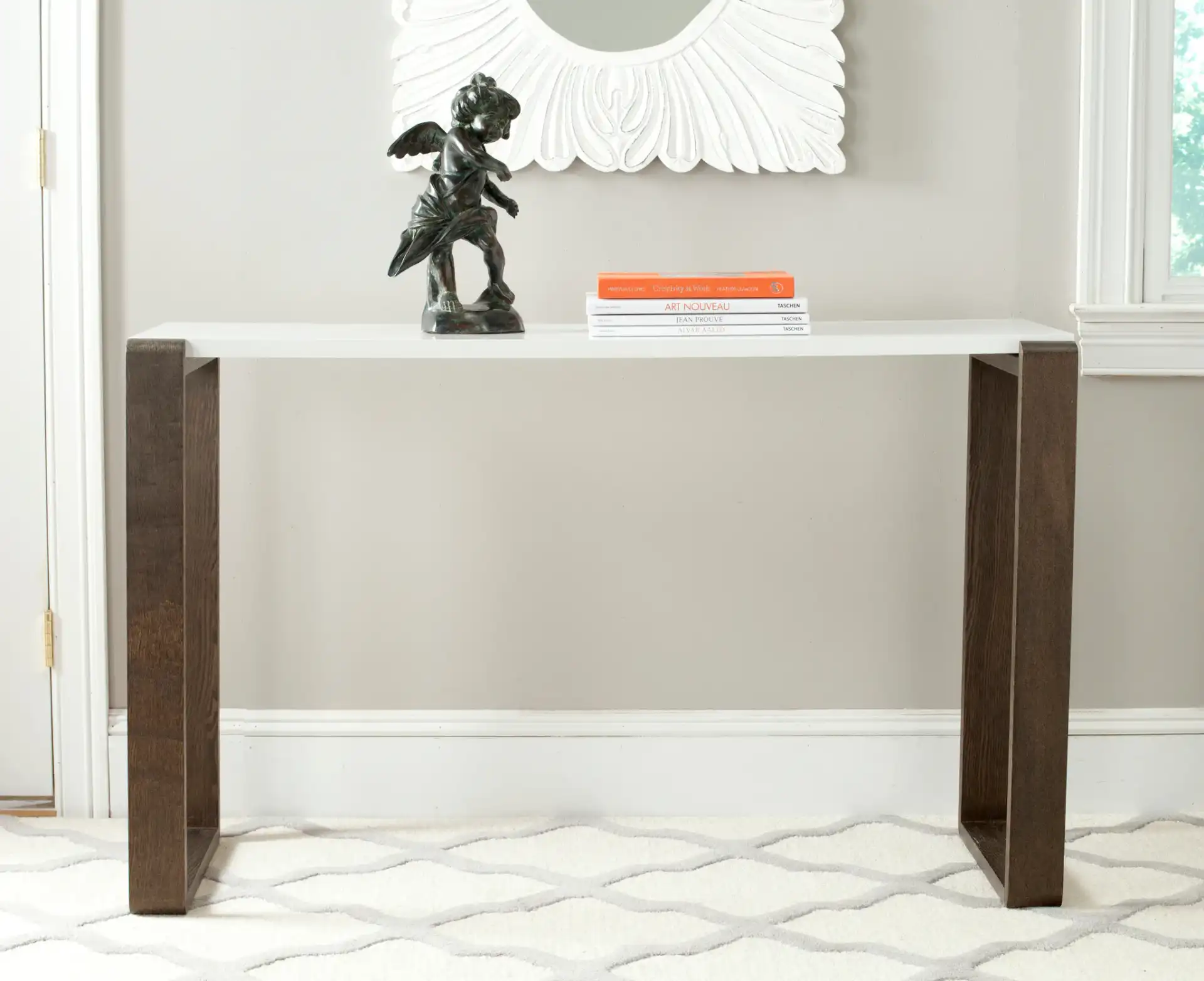 Bartholomew Console Table in White / Dark Brown in a styled room
