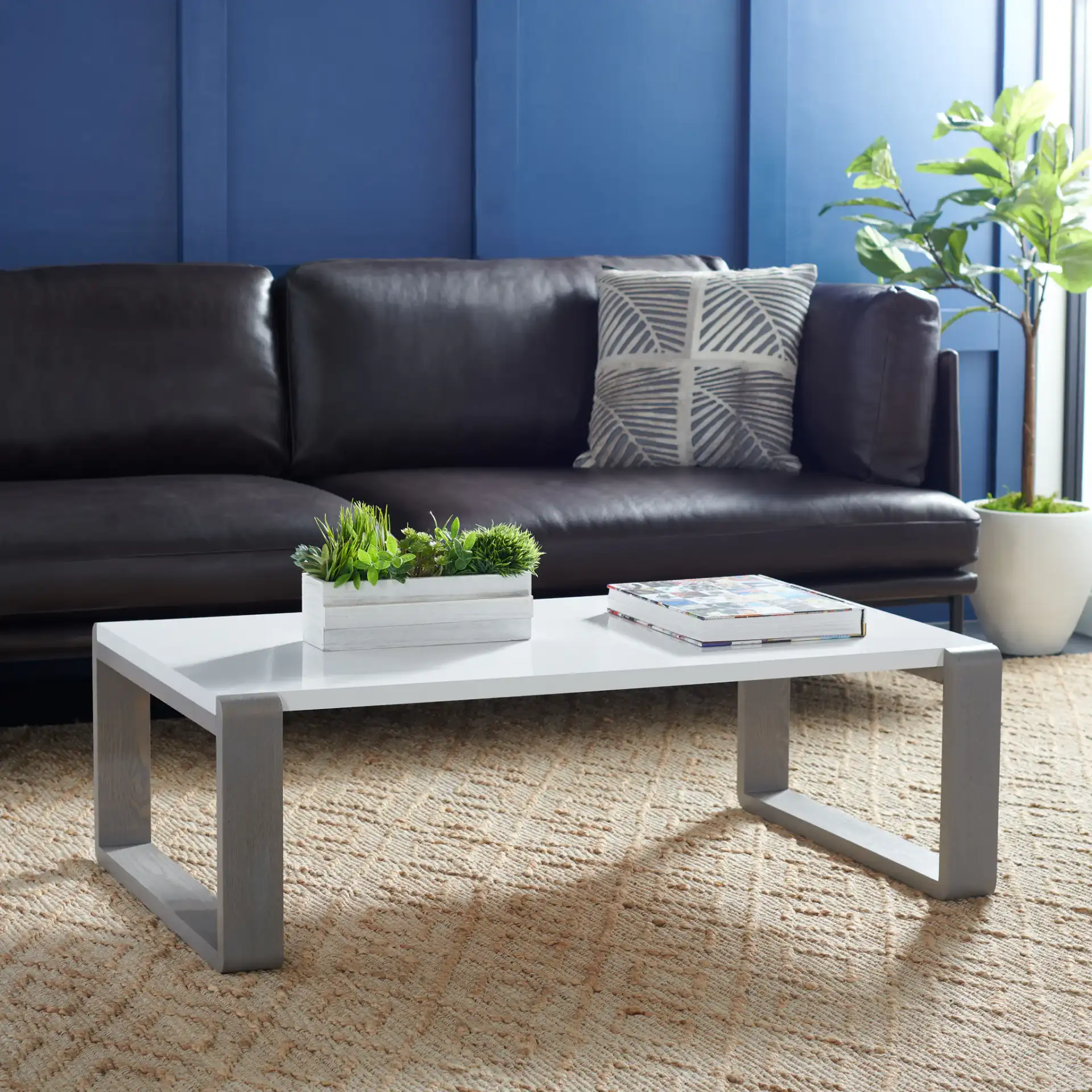 Bartholomew Coffee Table in White / Dark Brown in a styled room