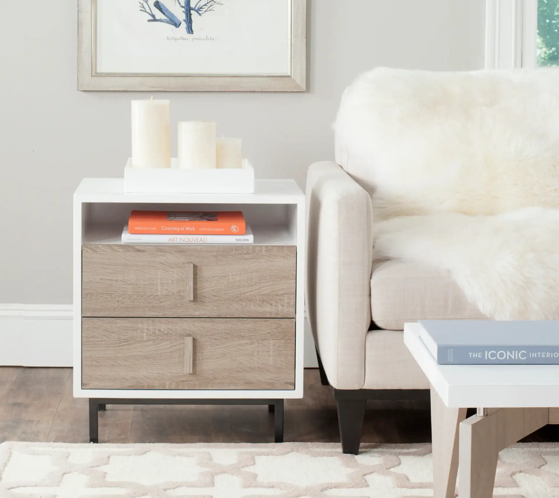 Kefton Cabinet in White / Gray in a styled room