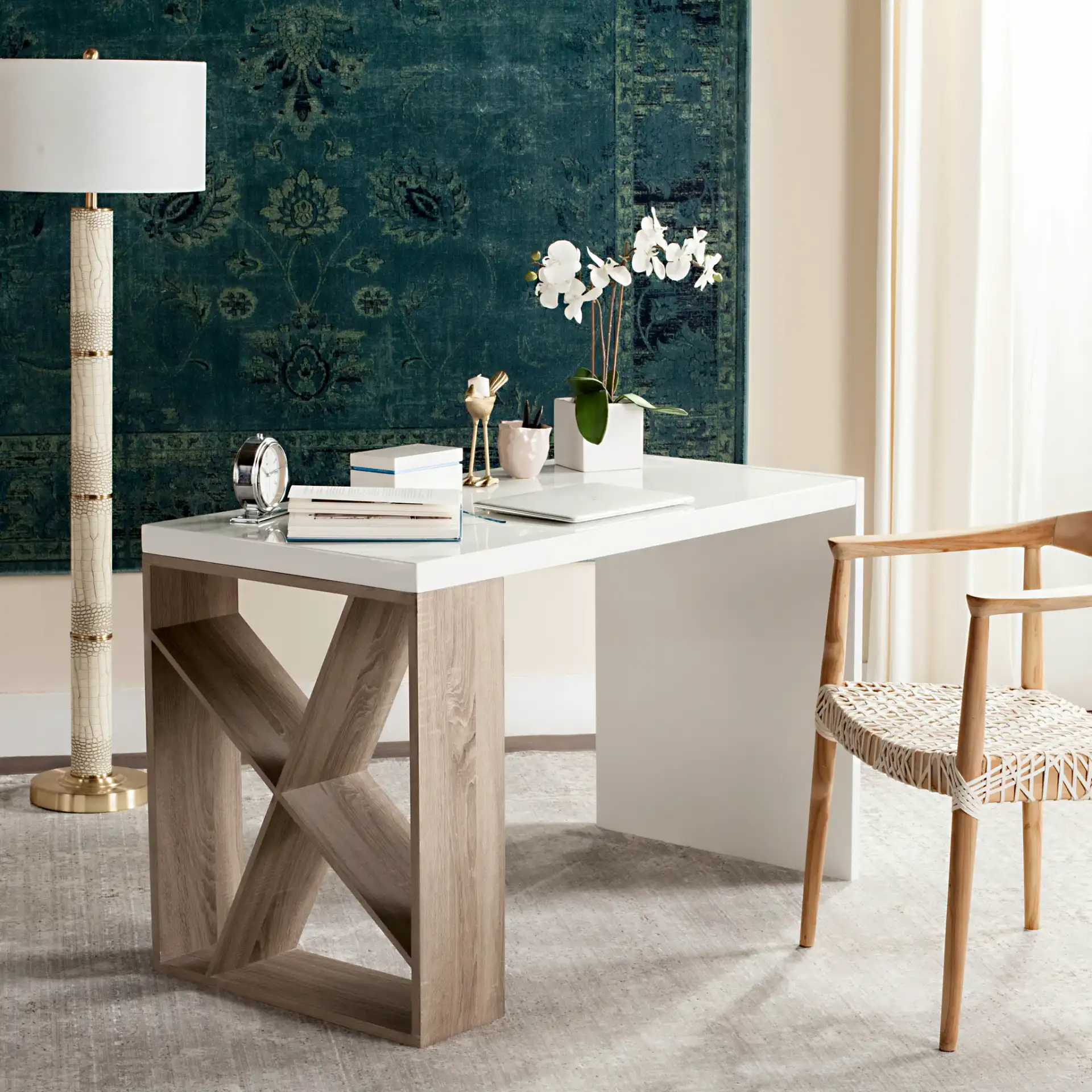Carlene Desk in White / Oak in a styled room
