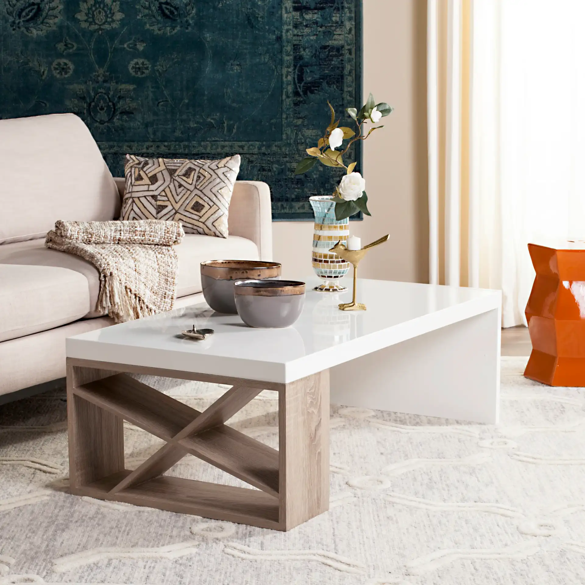 Carlton Coffee Table in White / Light Oak in a styled room