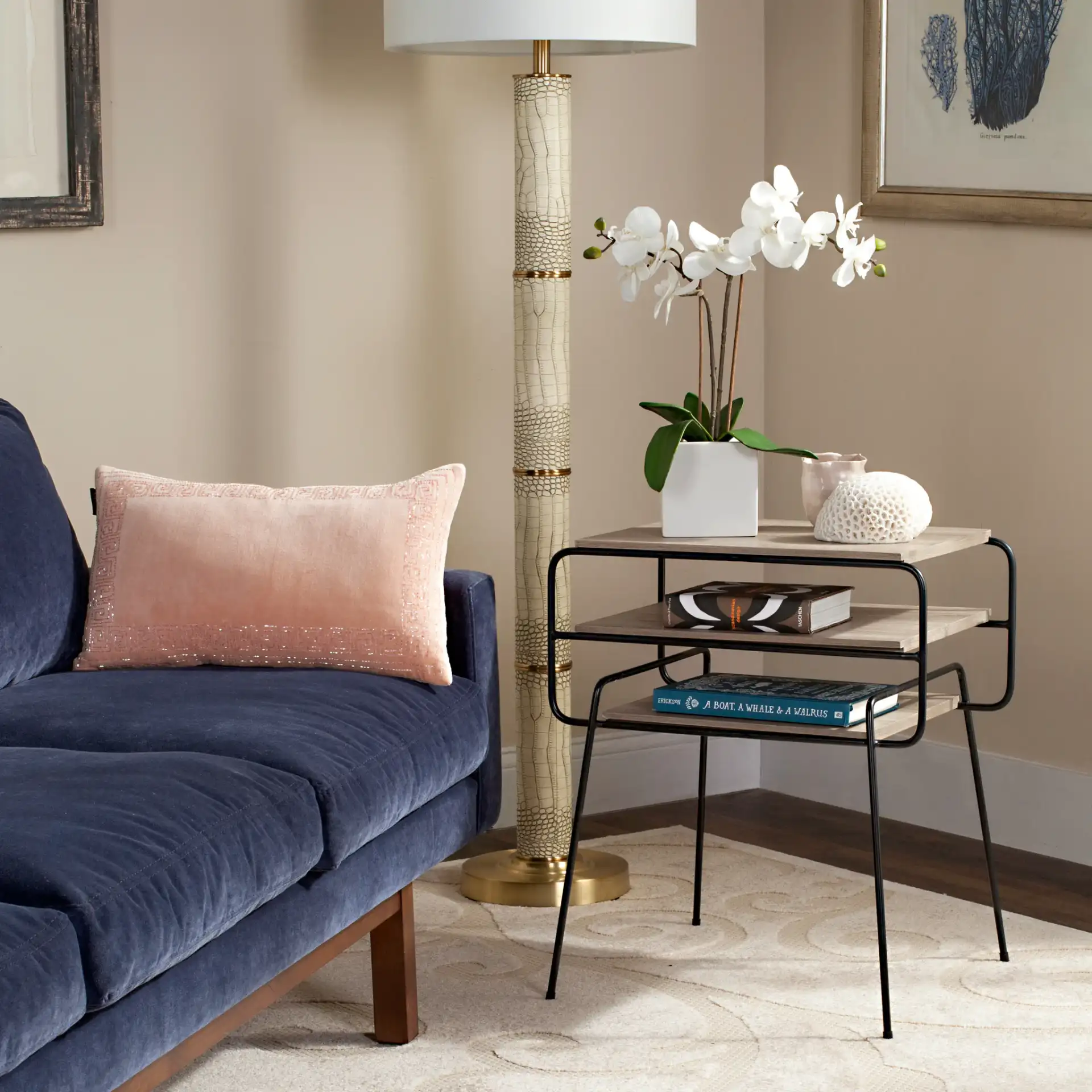Marcel End Table in Light Gray in a styled room