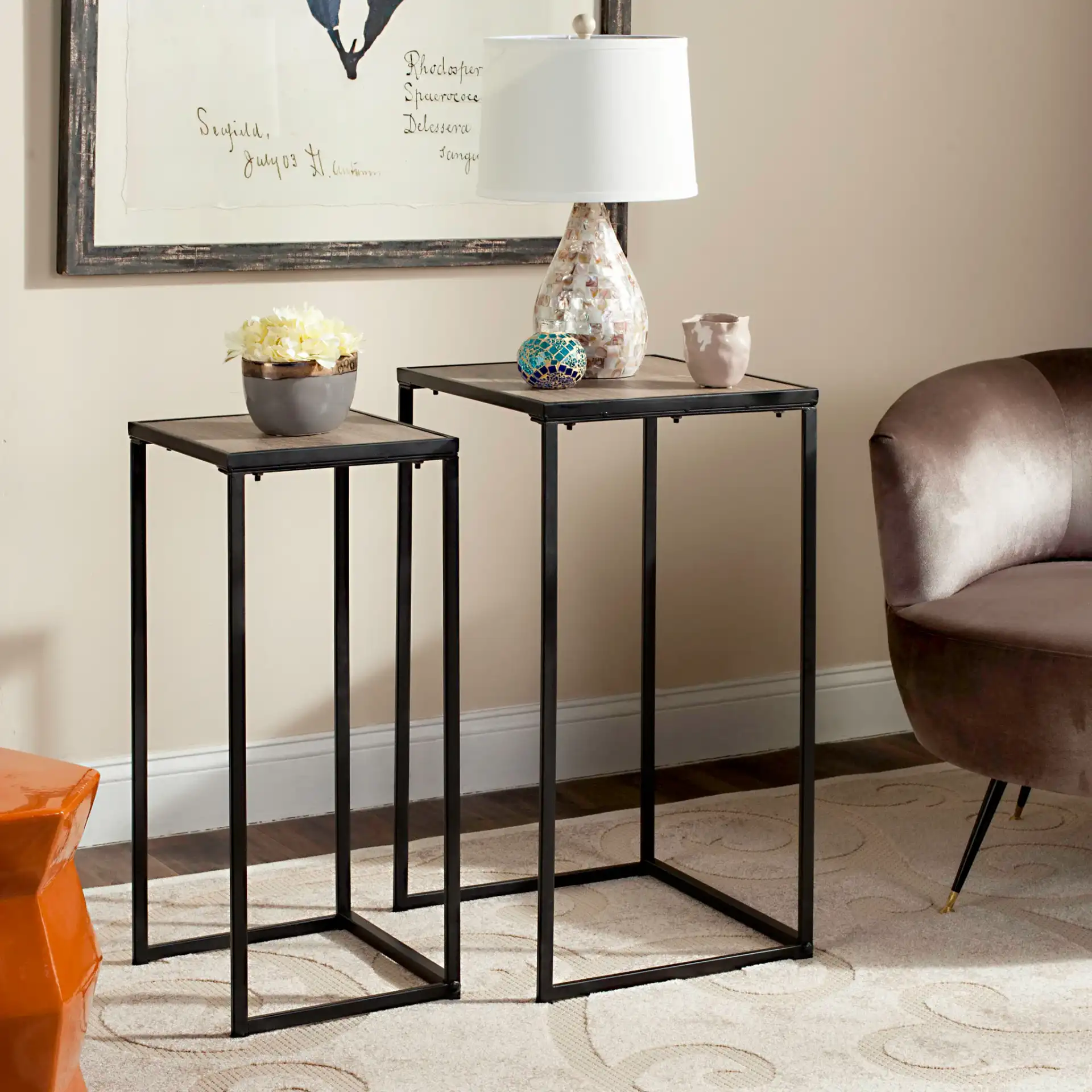 Callia End Table (Set Of 2) in Light Brown in a styled room