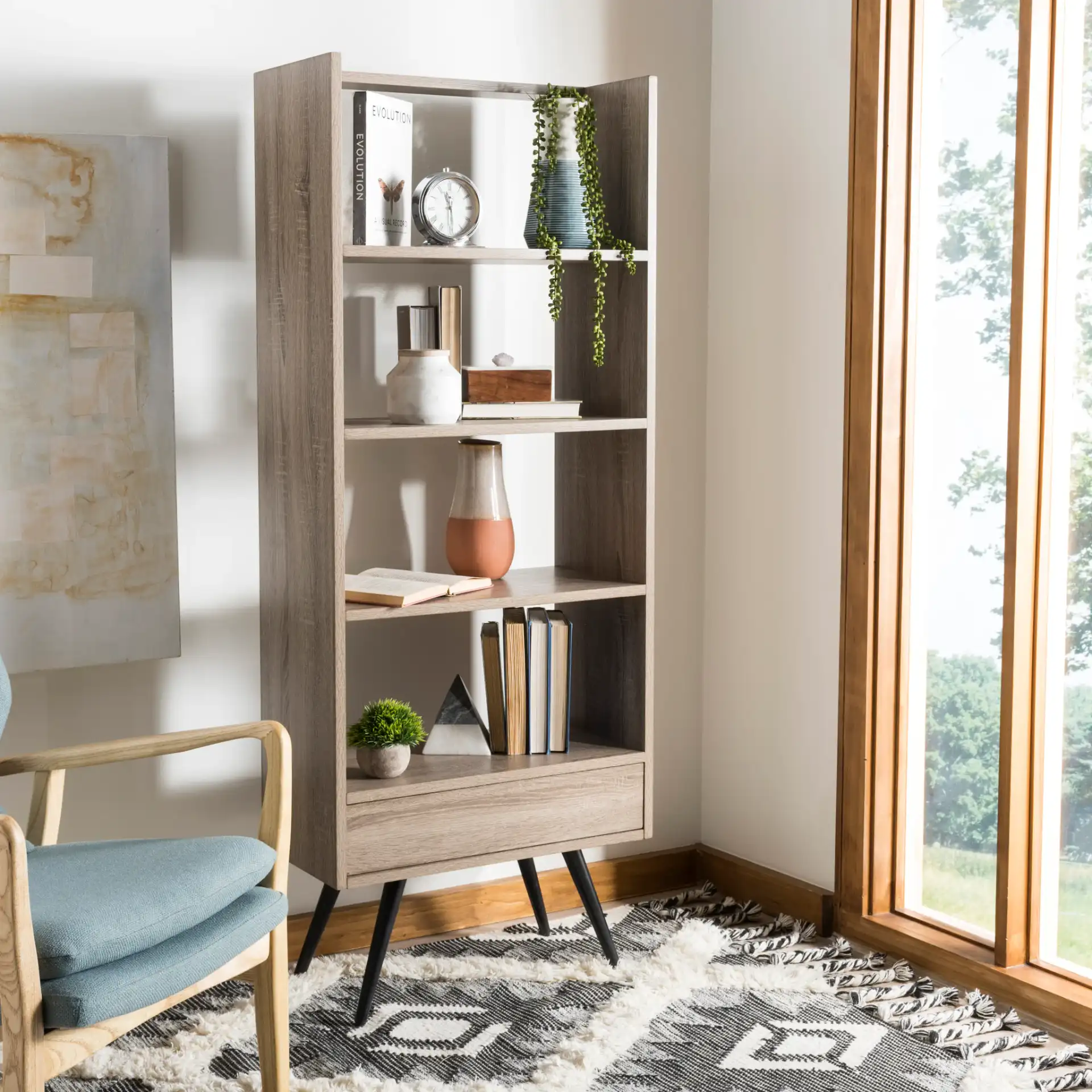 Terrence Etagere in Light Brown / Black in a styled room