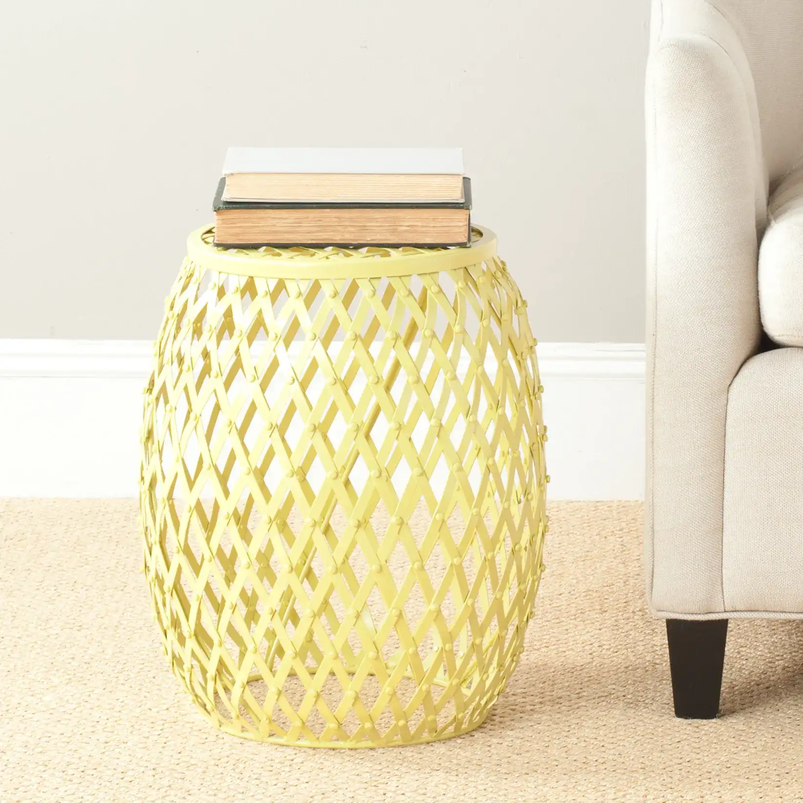 Evan Iron Strips Stool in Yellow in a styled room
