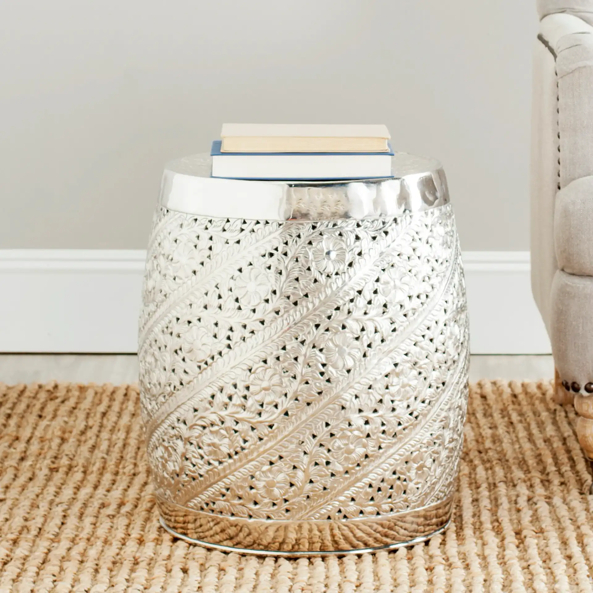 Liam Etched Stool in Silver in a styled room