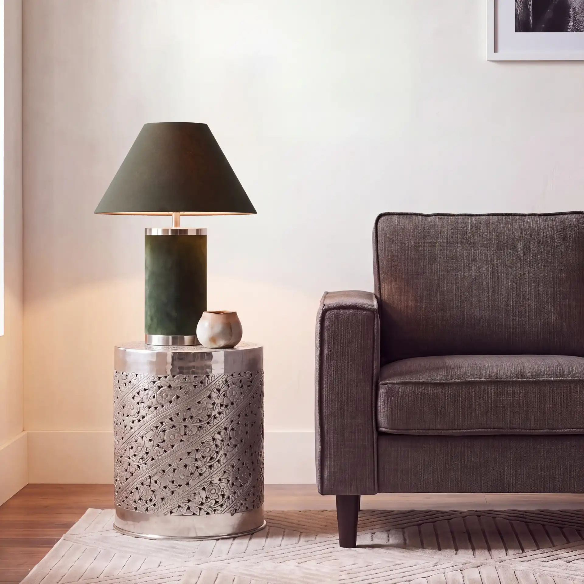 Adrien End Table in Silver in a styled room