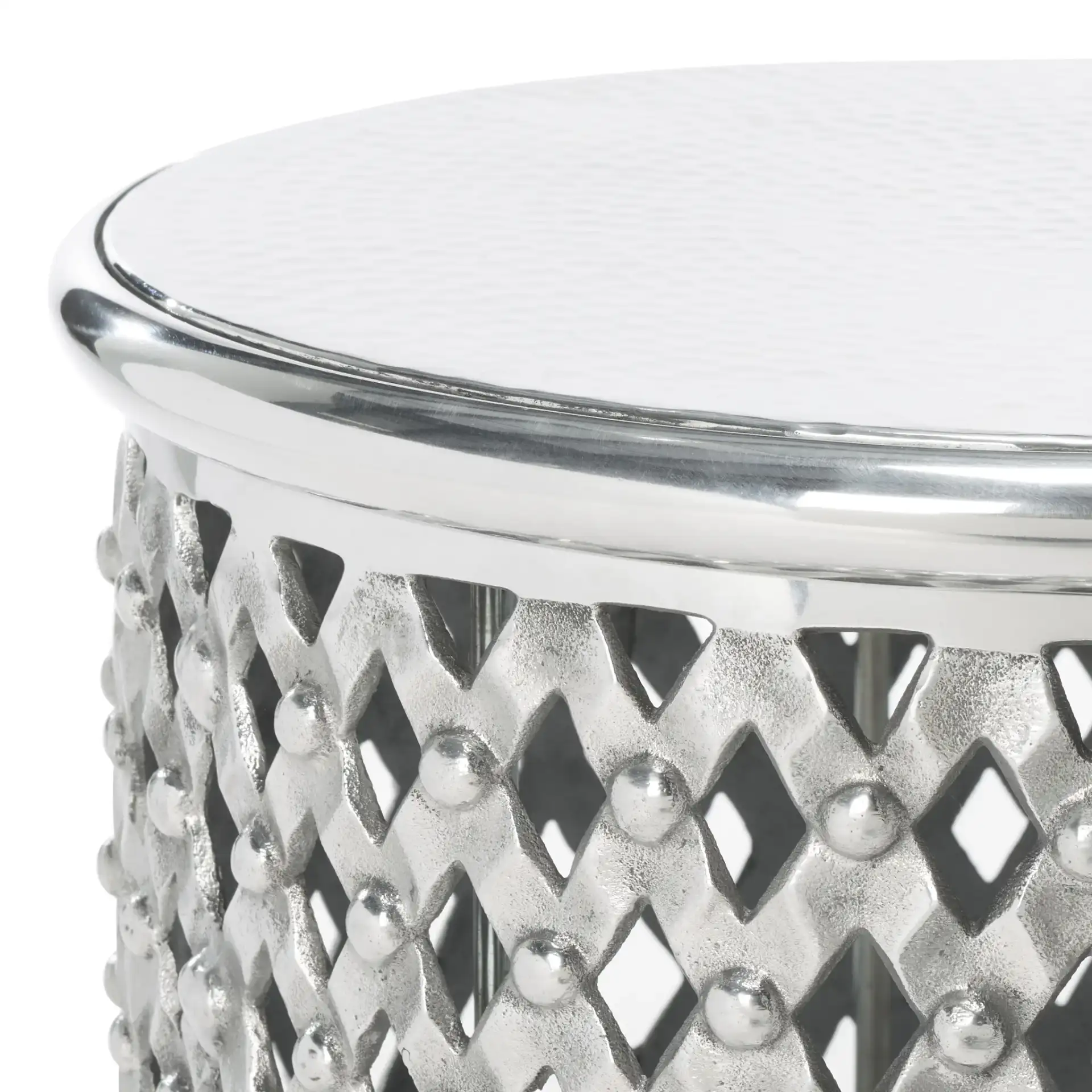 Metal Lace Table Stool in Silver in a styled room
