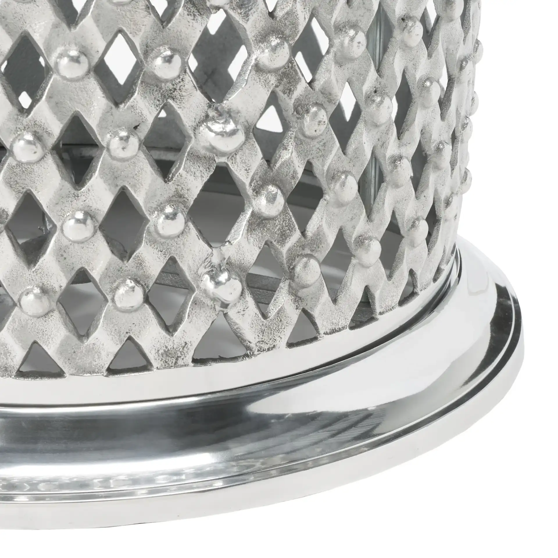 Metal Lace Table Stool in Silver, detail view