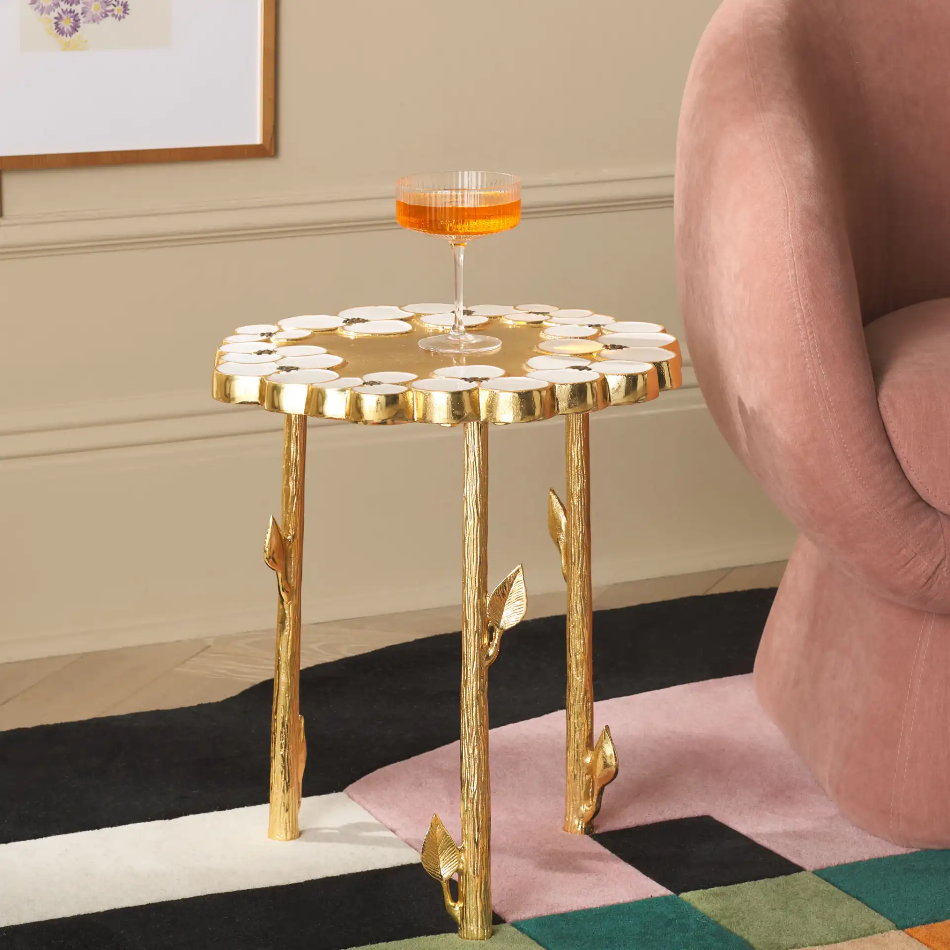 Florance Accent Table in Gold / White in a styled room
