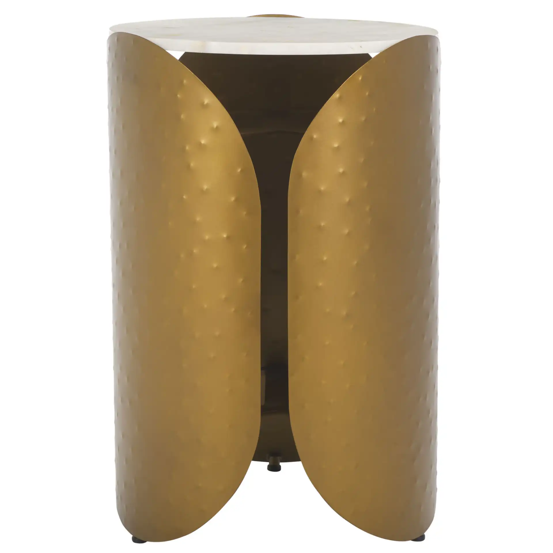 Shiara Round Accent Table in White Marble / Antique Brass, detail view