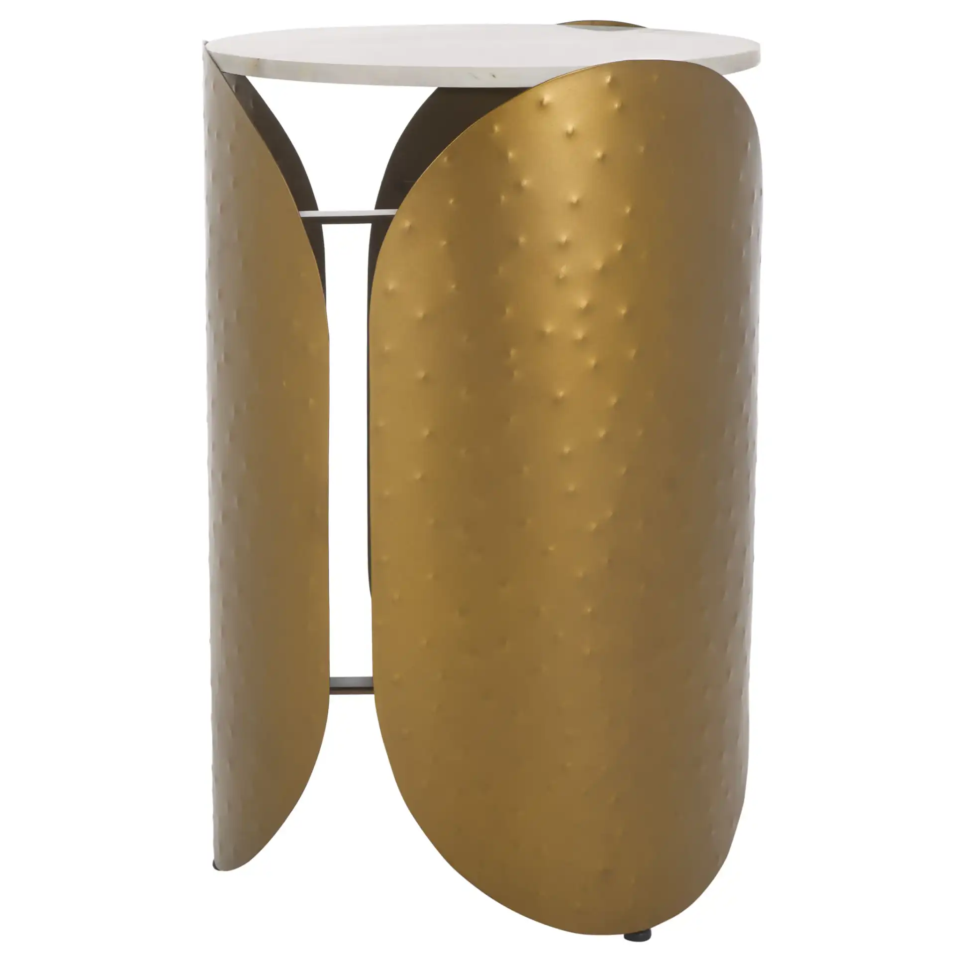 Shiara Round Accent Table in White Marble / Antique Brass, detail view