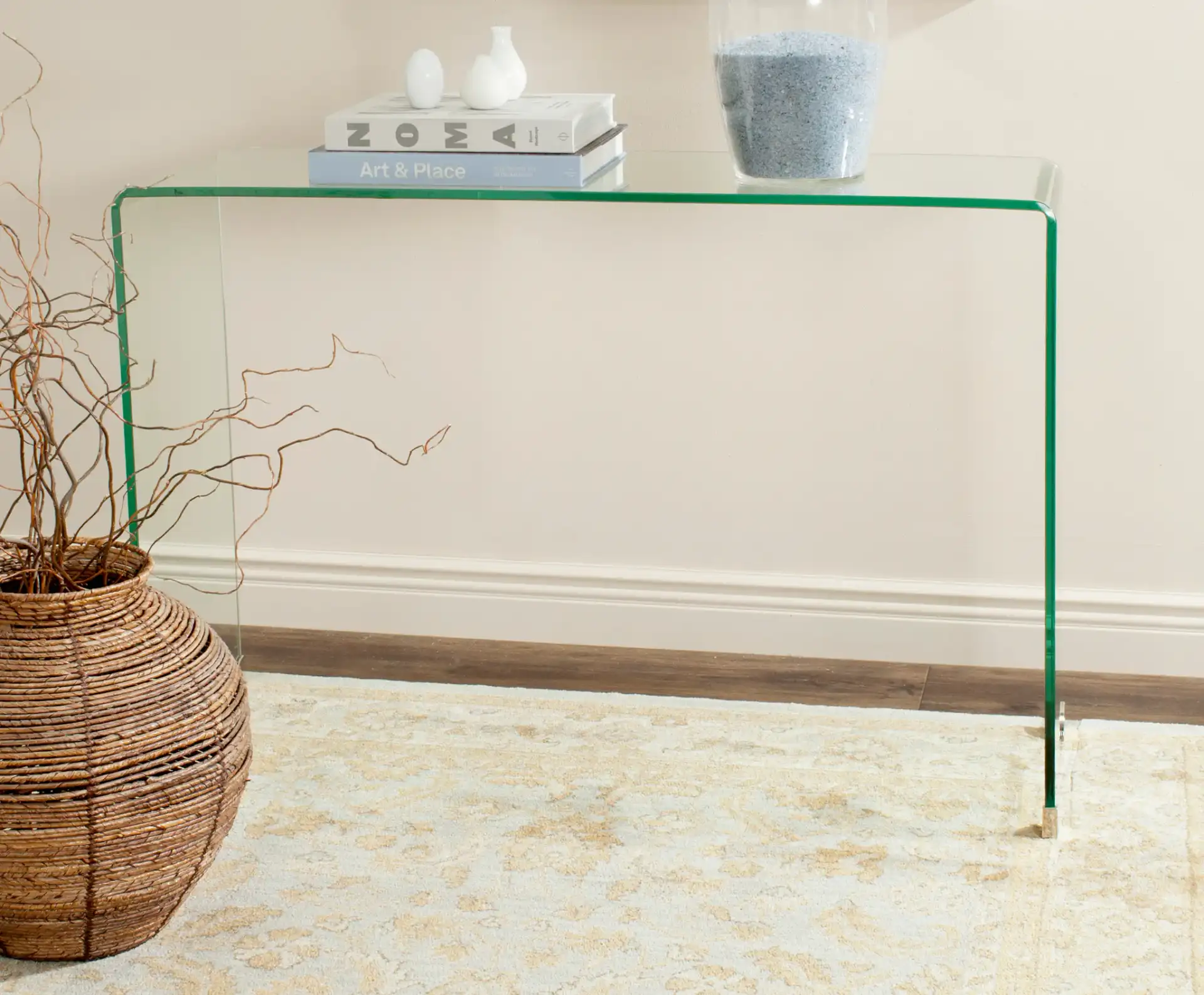 Ambler Glass Console Table in Clear in a styled room