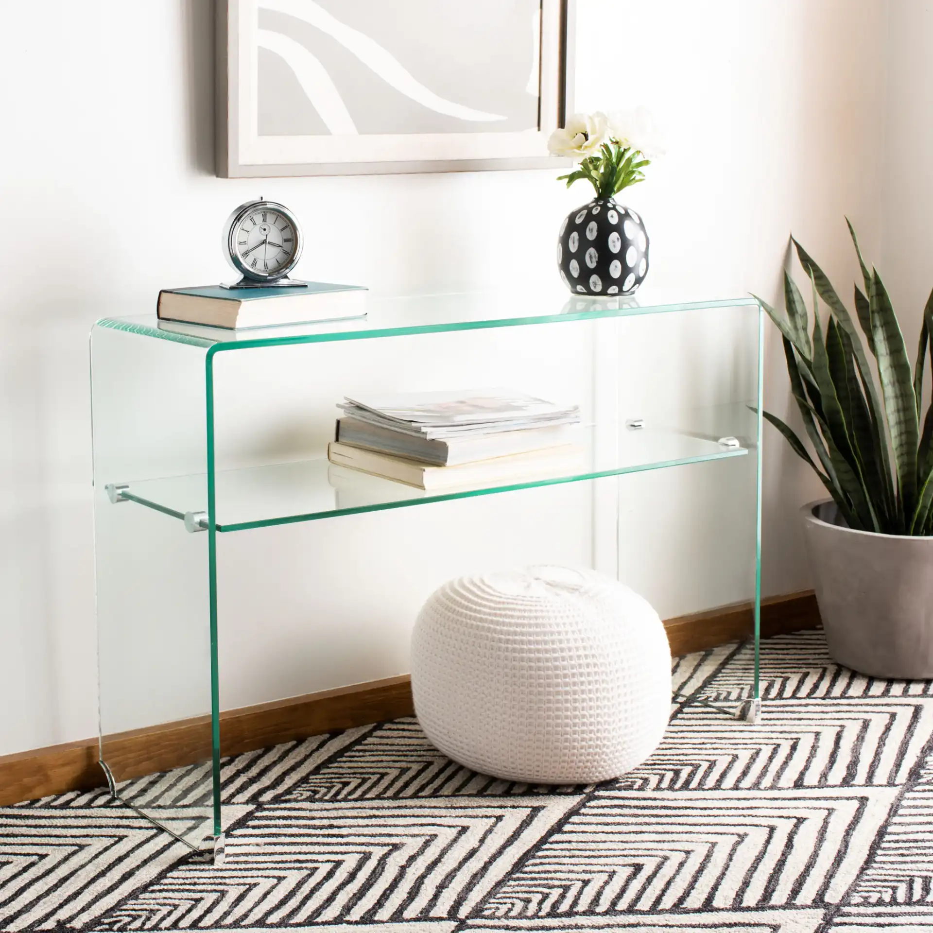 Hollis Glass Console Table in Clear in a styled room