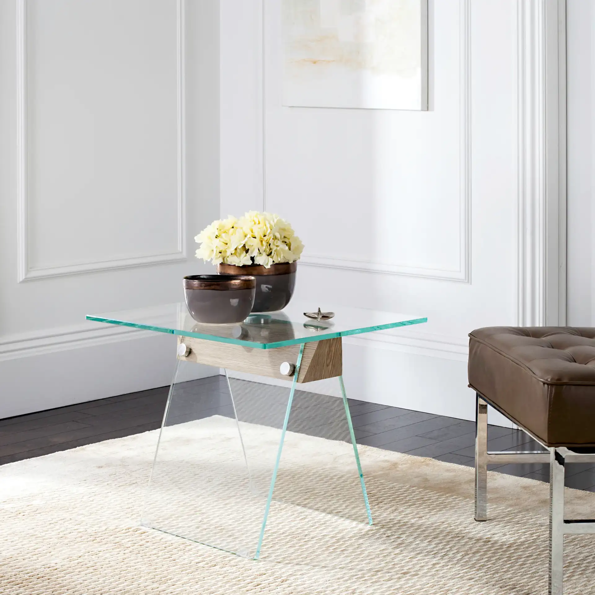 Modern Loft Side Table in Clear in a styled room