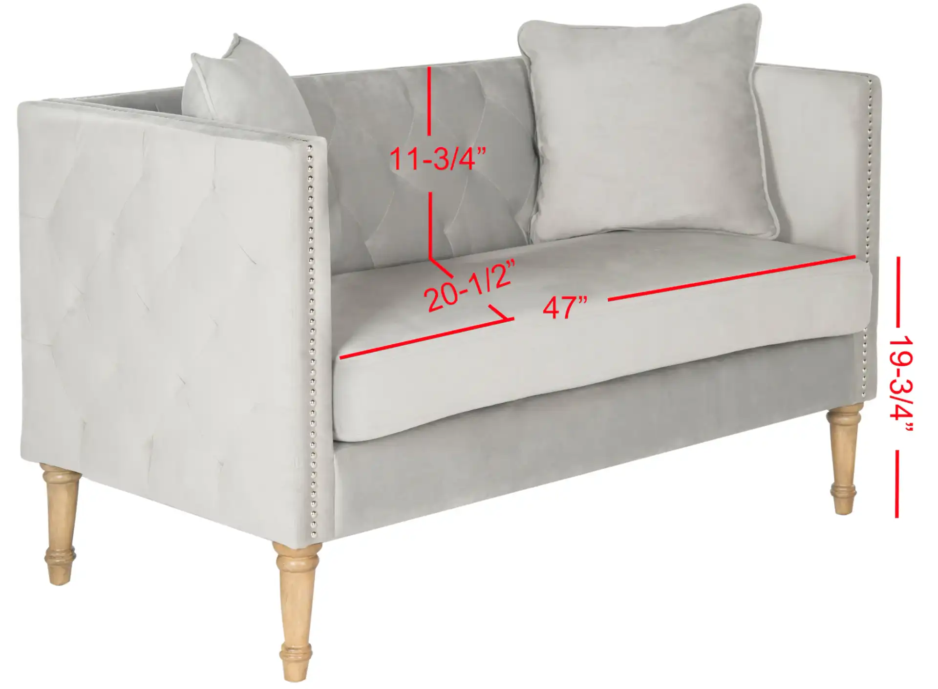 Sarah Settee With Throw Pillow in Gray, detail view
