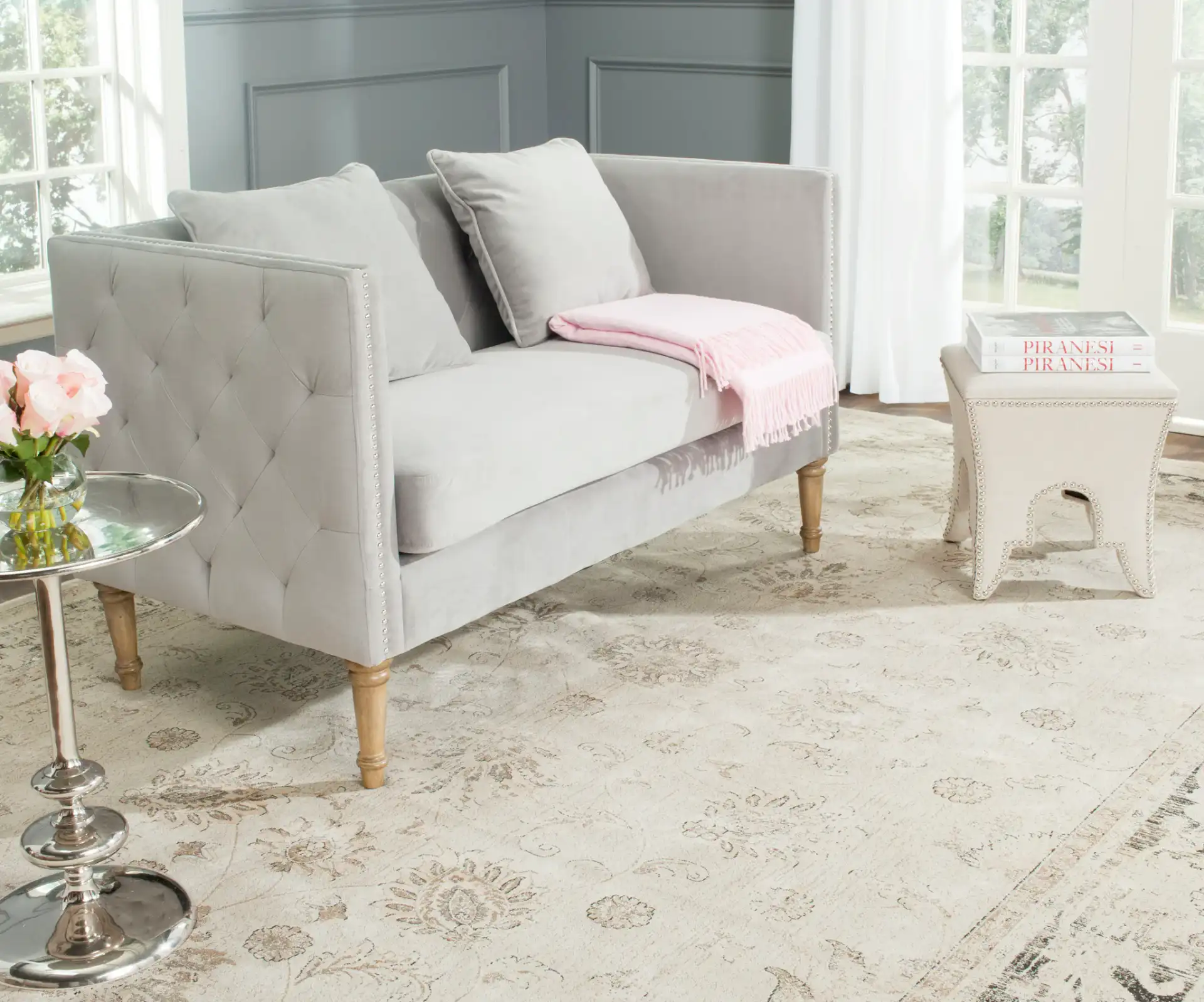 Sarah Settee With Throw Pillow in Gray in a styled room