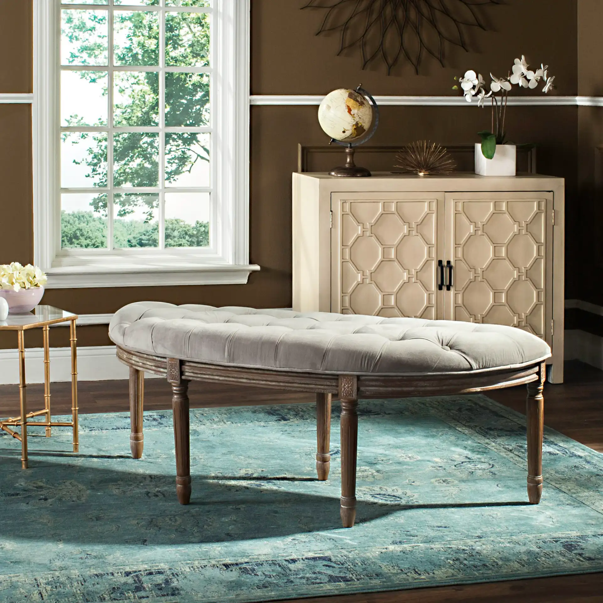 Abilene Semi-Circle Bench in Gray / Rustic Oak in a styled room
