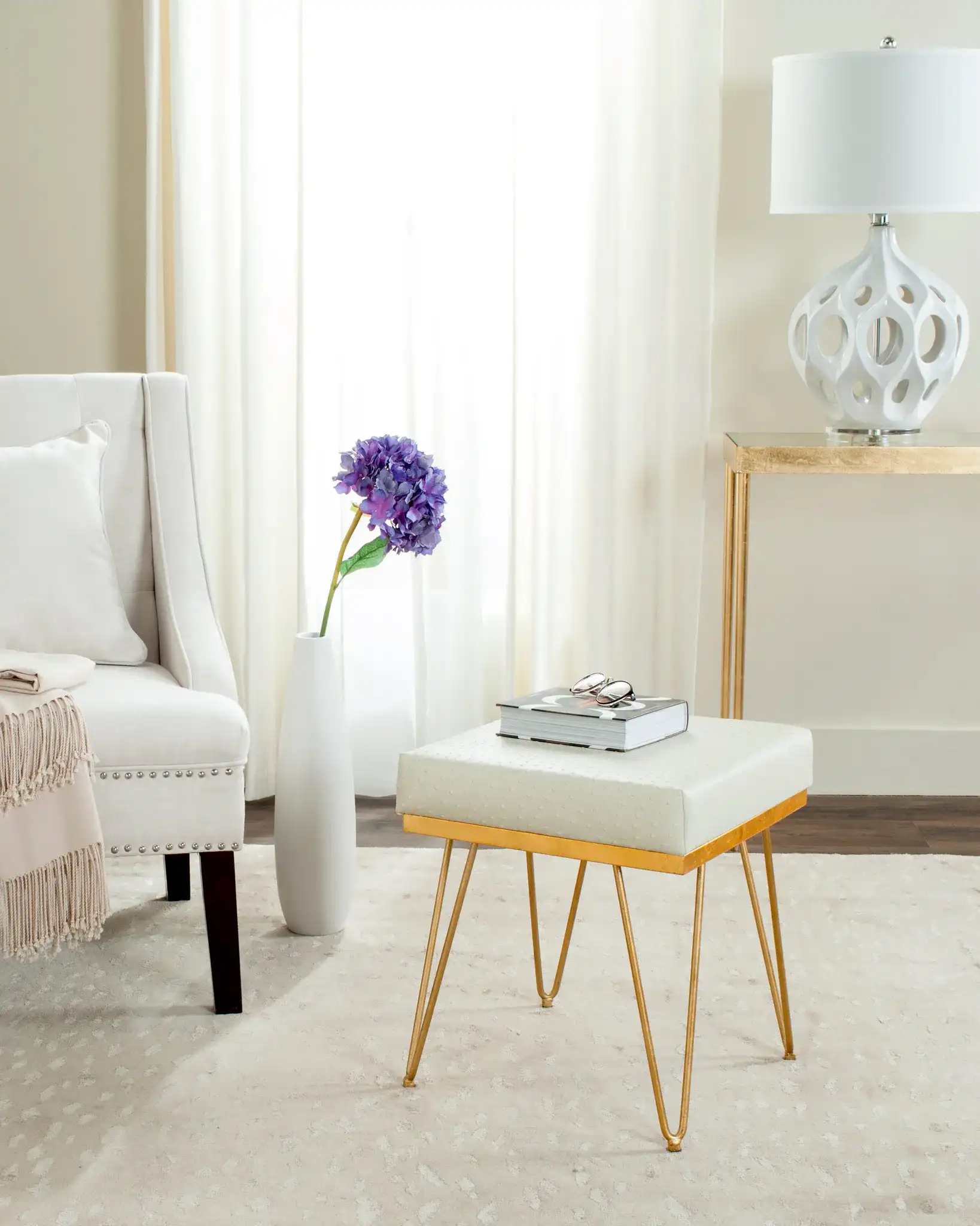 Jenine Square Bench in Cream / Gold in a styled room
