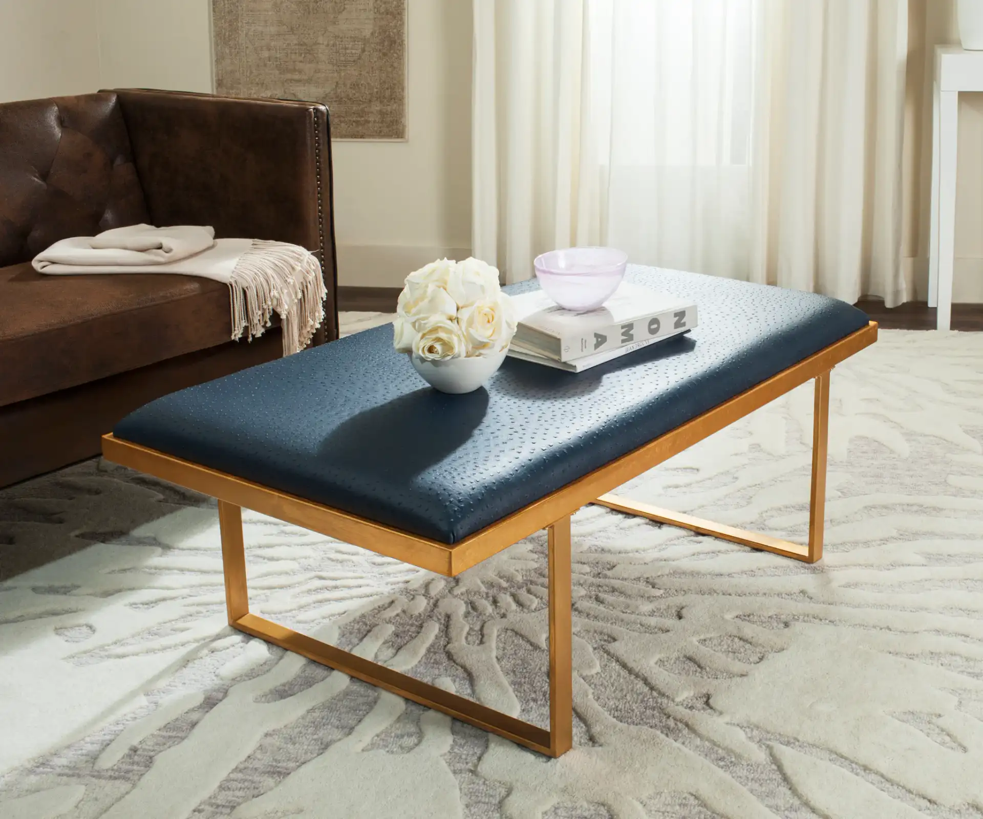 Millie Loft Bench in Navy Blue / Gold in a styled room
