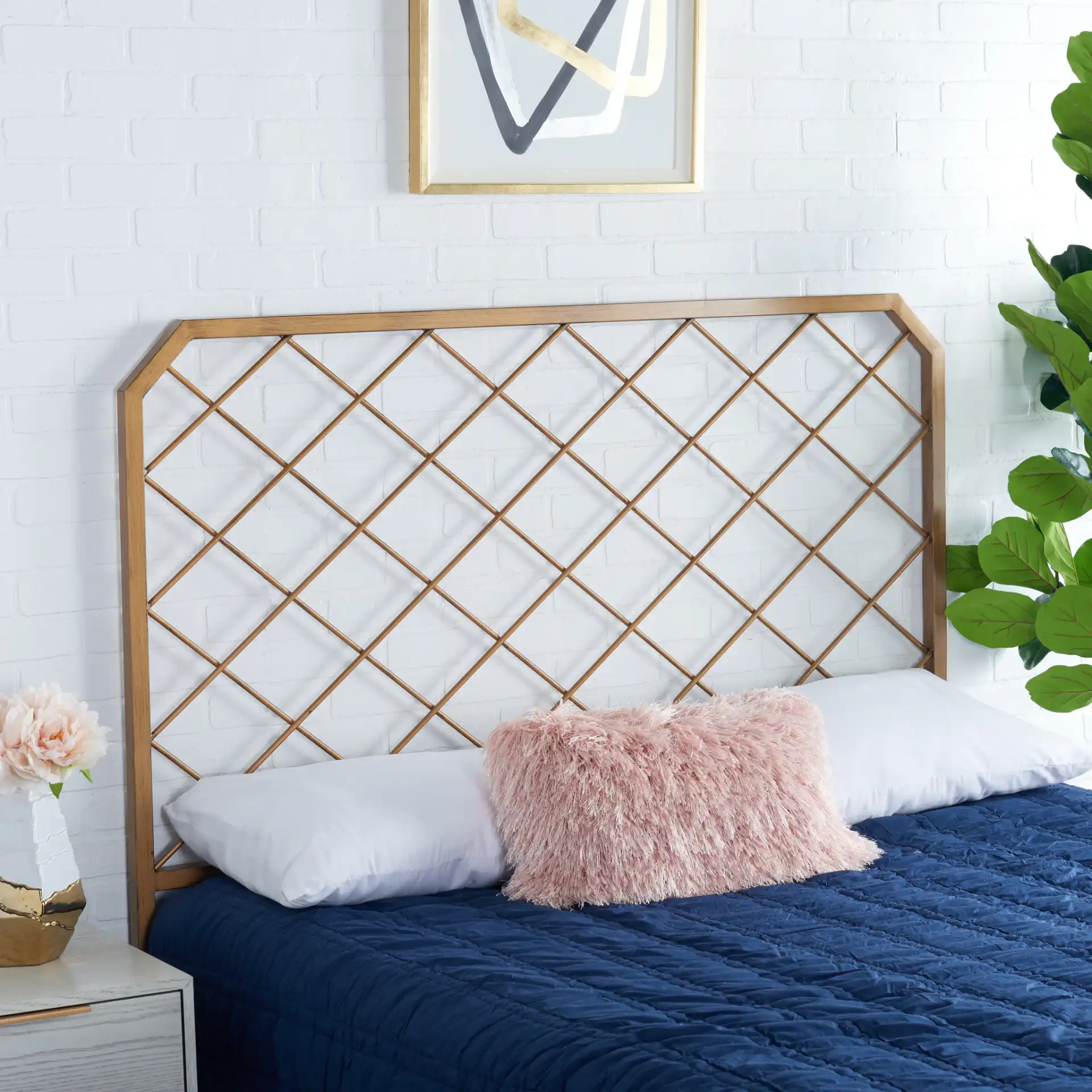 Stitch Headboard in Antique Gold in a styled room