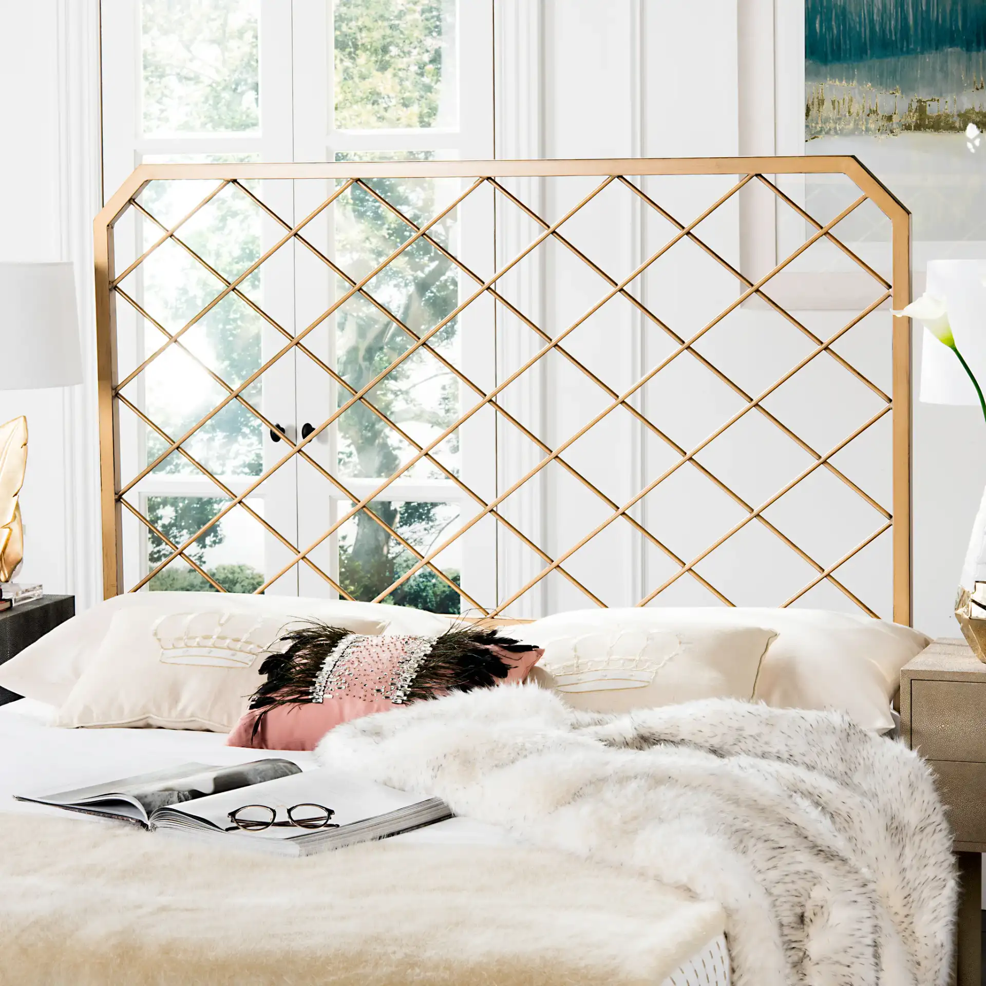 Stitch Headboard in Antique Gold in a styled room