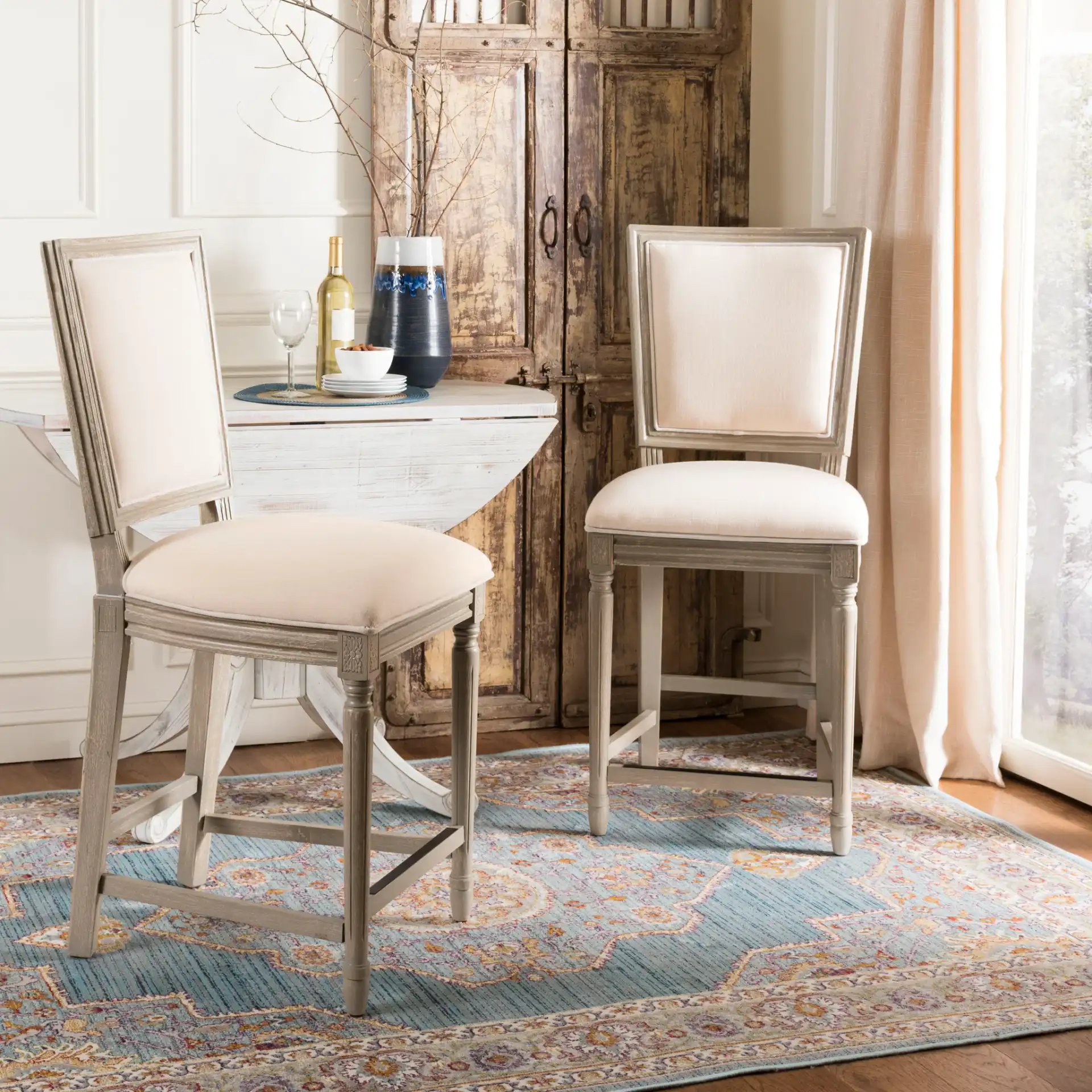 Buchanan Rectangular Counter Stool (Set Of 2) in Light Beige / Rustic Gray in a styled room