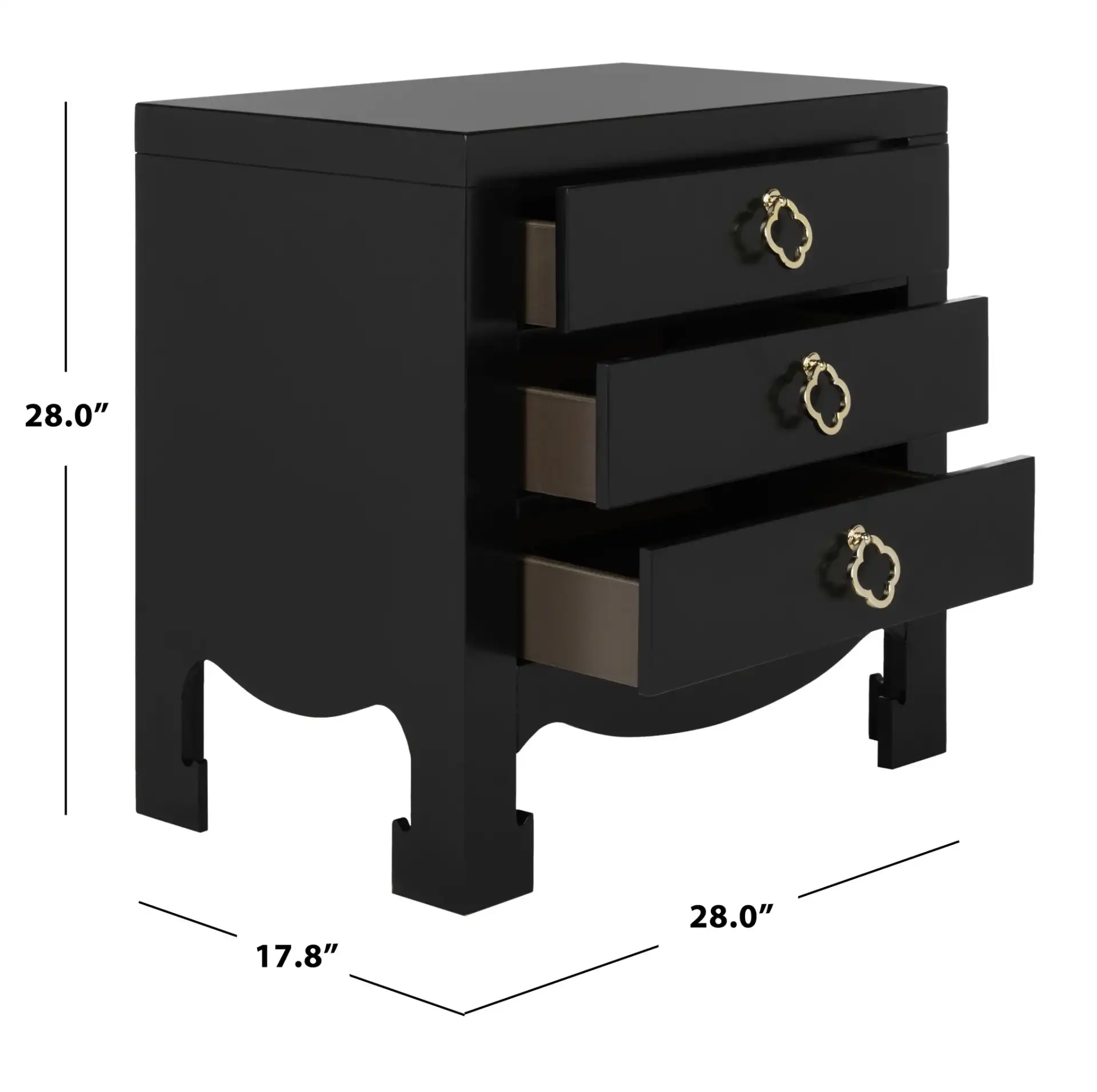 Nero Three-Drawer Nightstand in Black, detail view