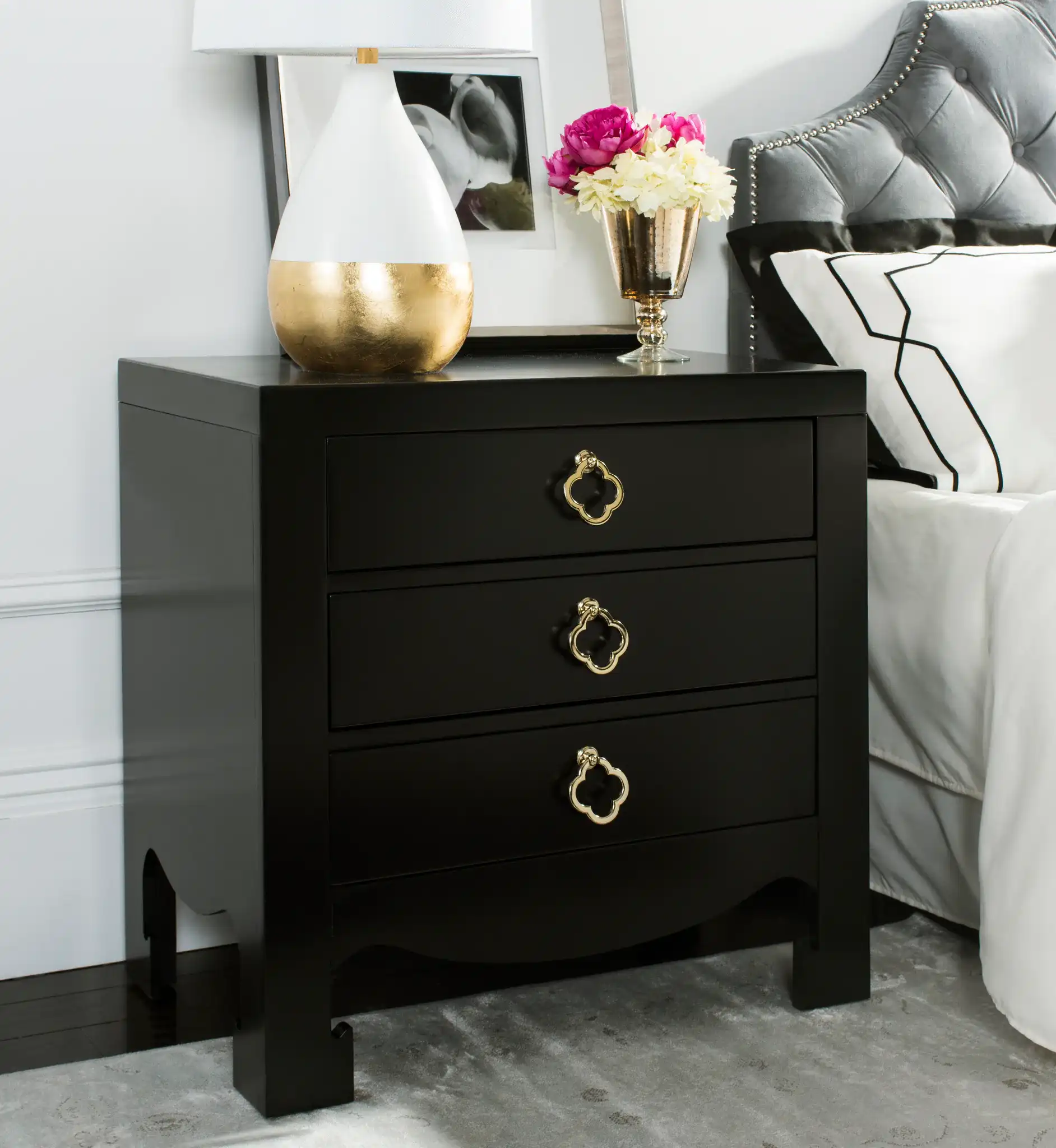 Nero Three-Drawer Nightstand in Black in a styled room