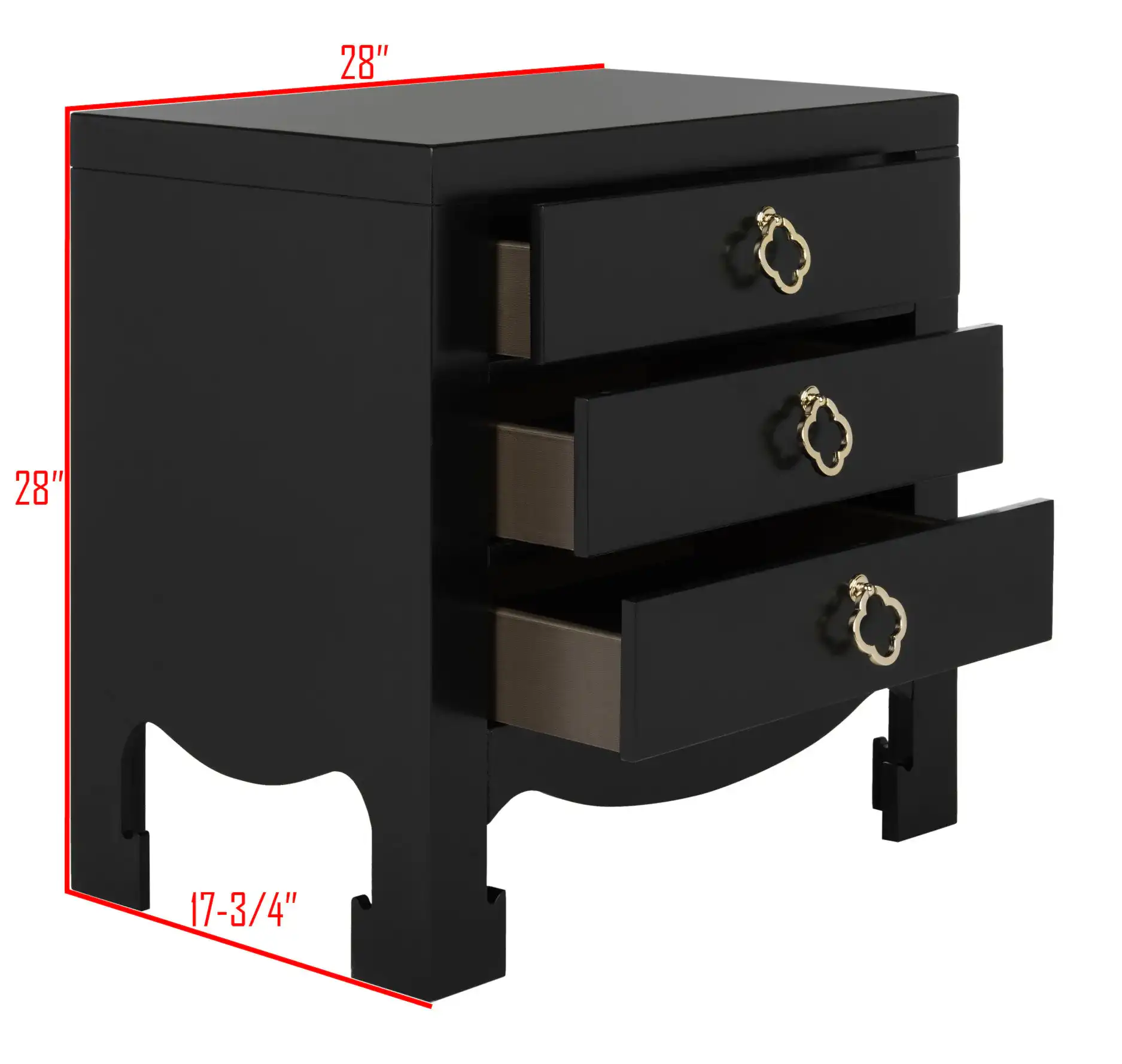 Nero Three-Drawer Nightstand in Black, detail view