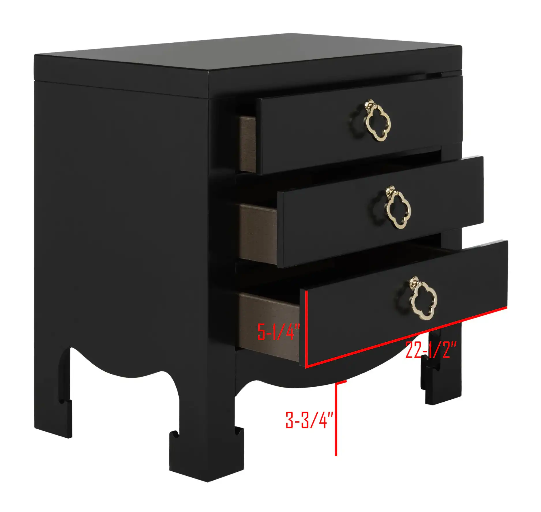 Nero Three-Drawer Nightstand in Black, detail view