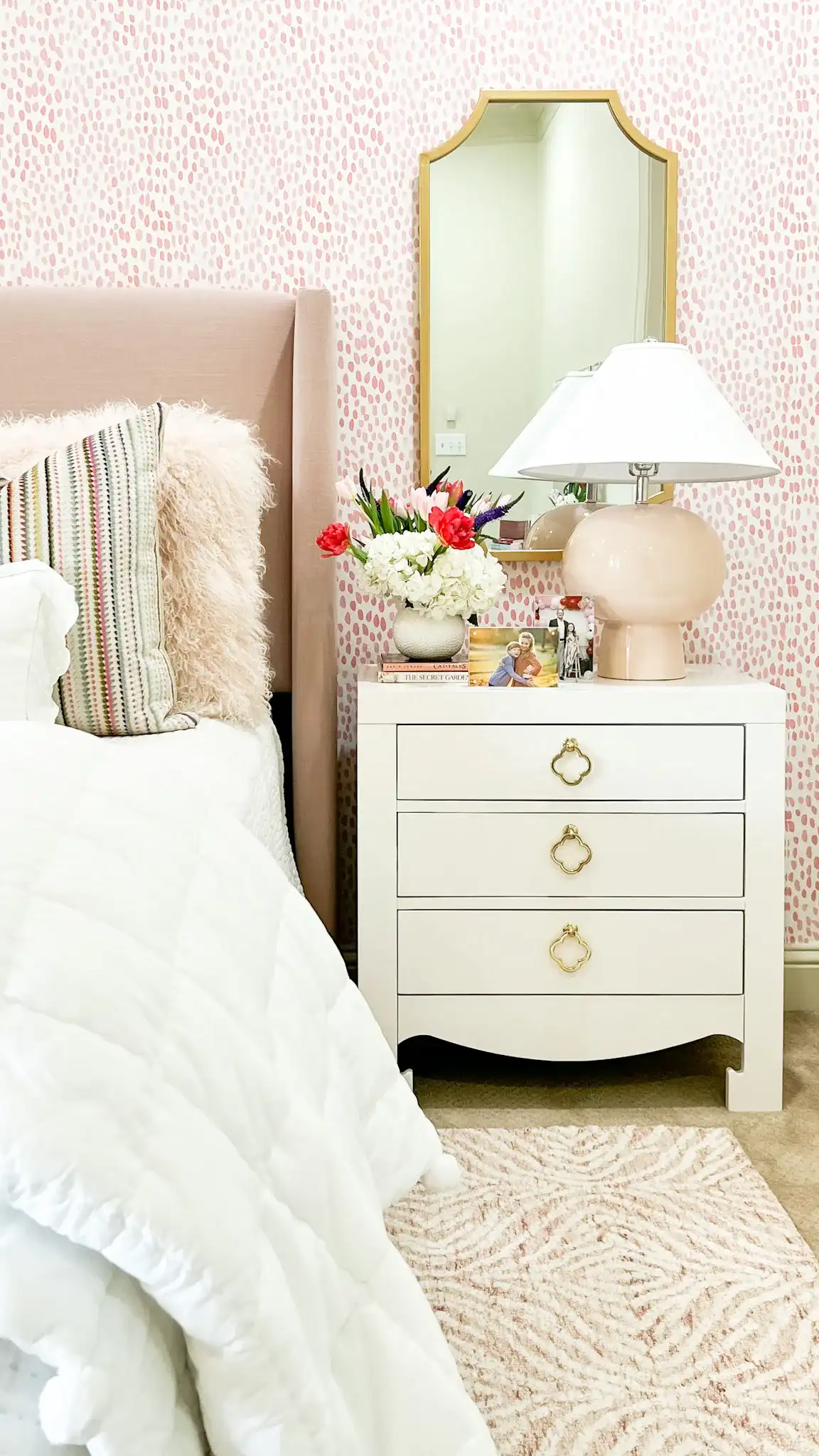 Nero Three-Drawer Nightstand in Black in a styled room