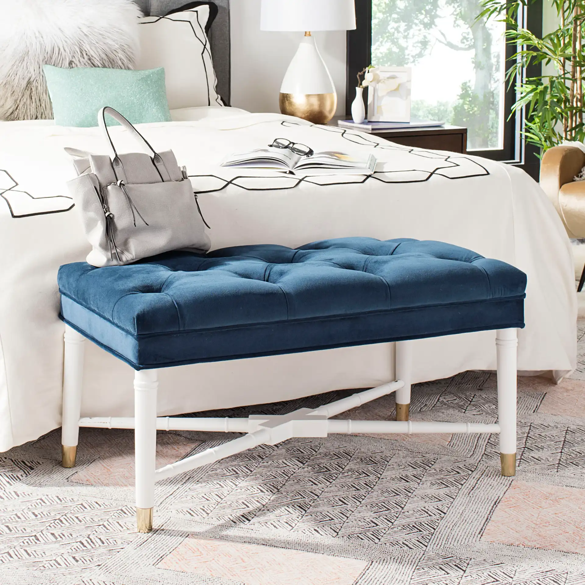 Rory Tufted Bench in Navy Blue in a styled room