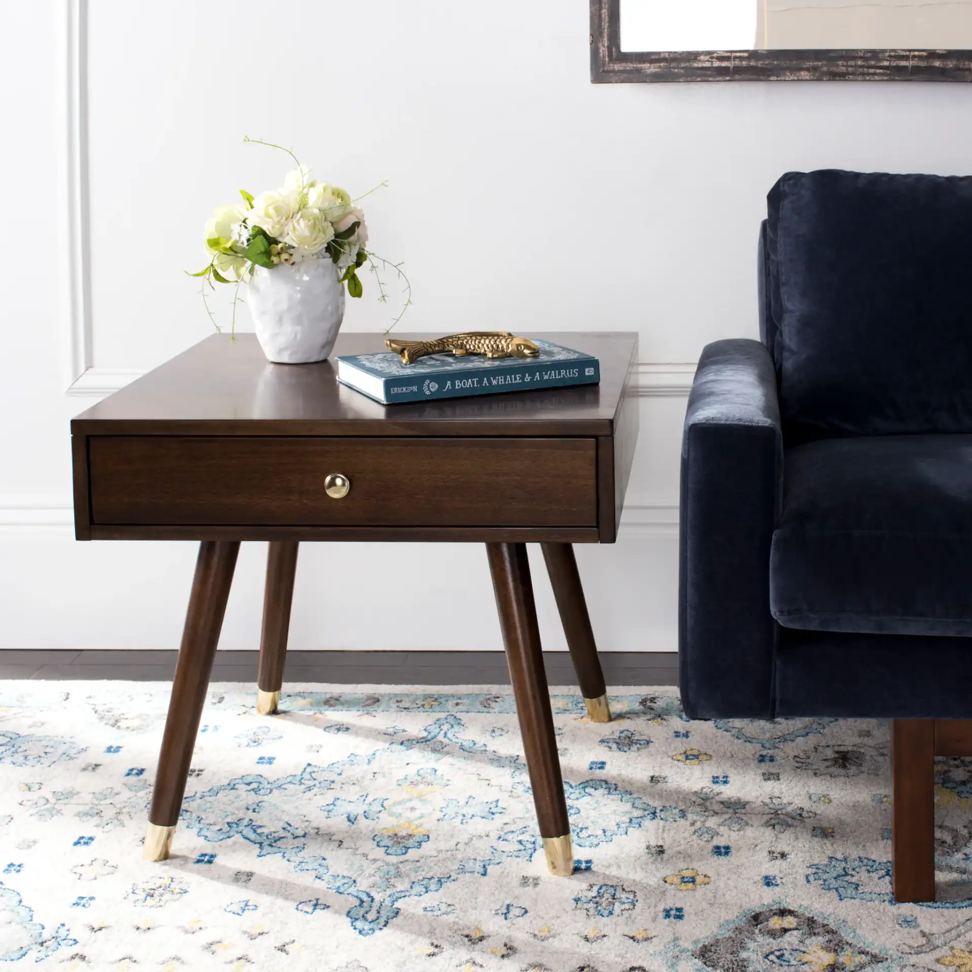 Levinson Gold Cap End Table in Brown / Gold in a styled room