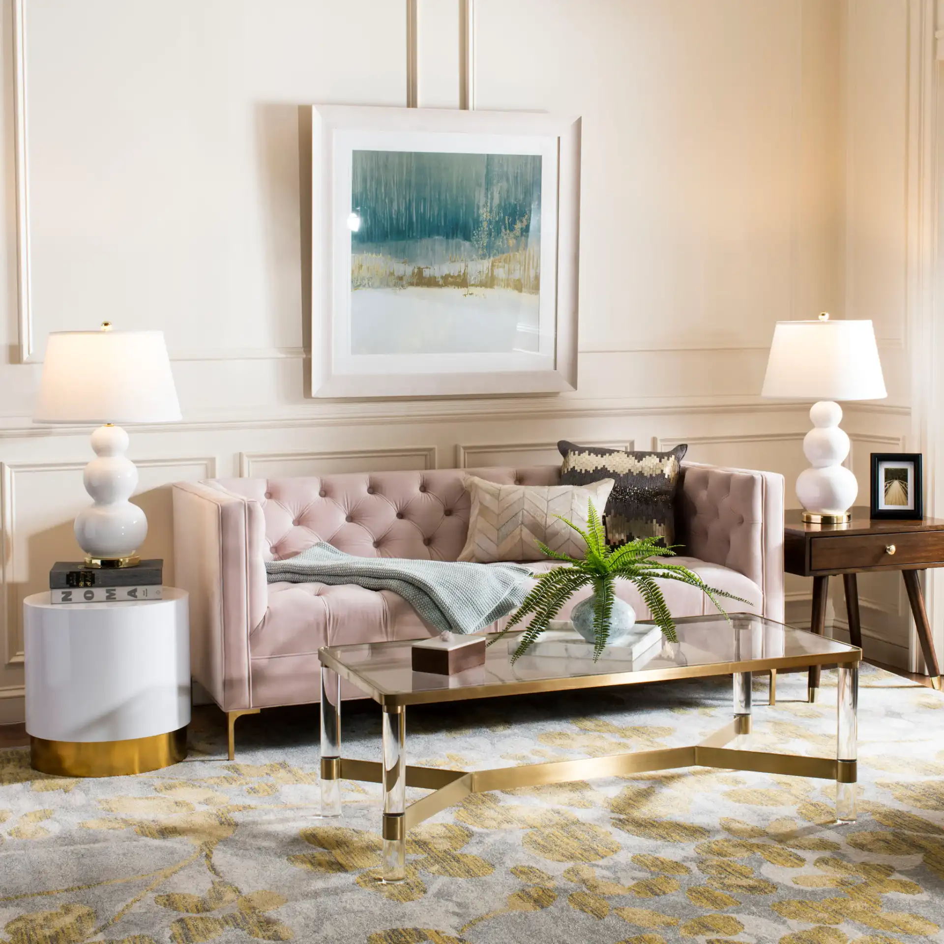 Levinson Gold Cap End Table in Brown / Gold in a styled room