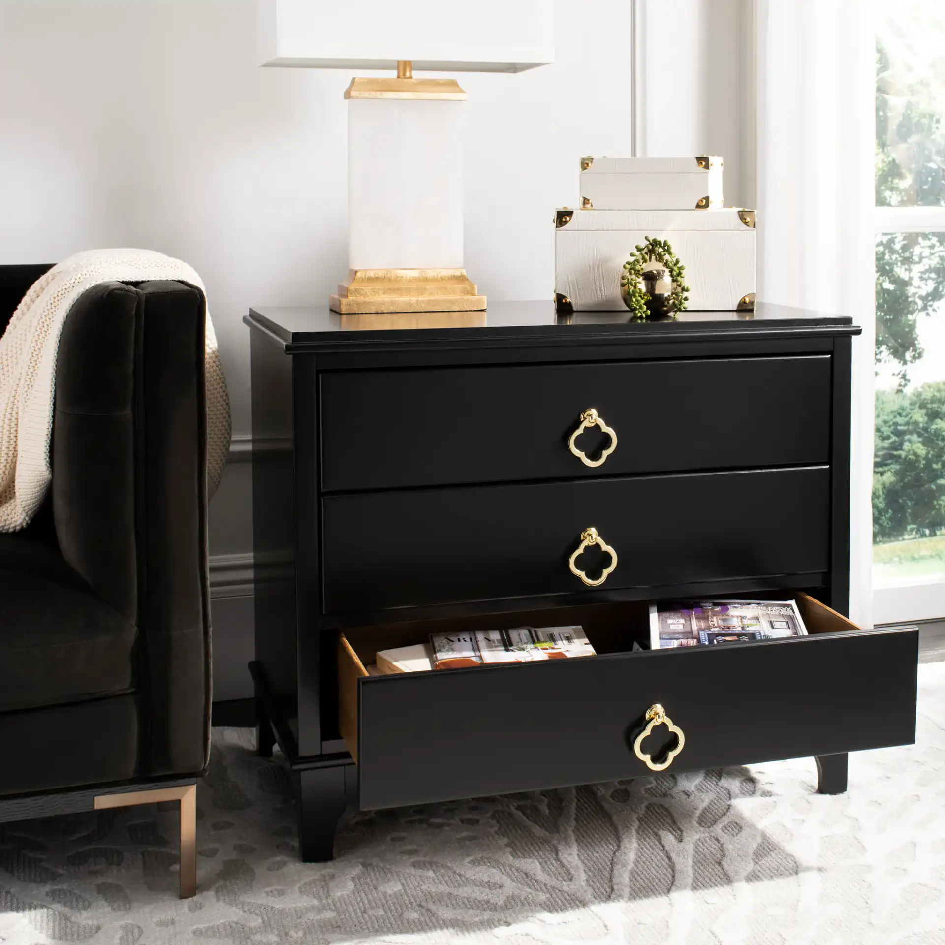 Hannon Nightstand in Black / Brass, detail view