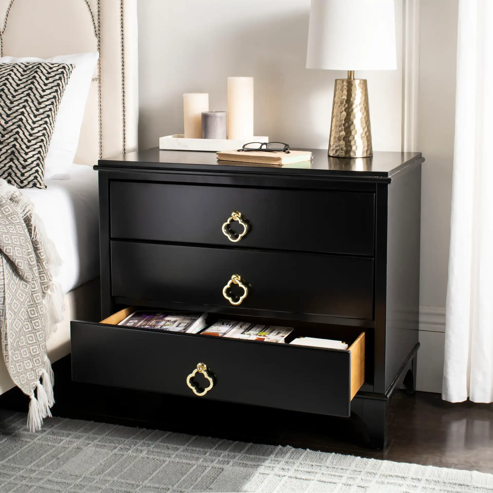 Hannon Nightstand in Black / Brass, detail view