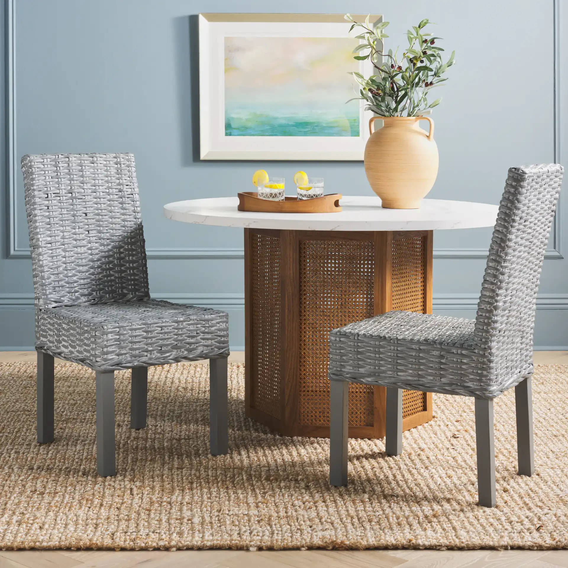 Wheatley Side Chair (Set Of 2) in Gray White Washed in a styled room