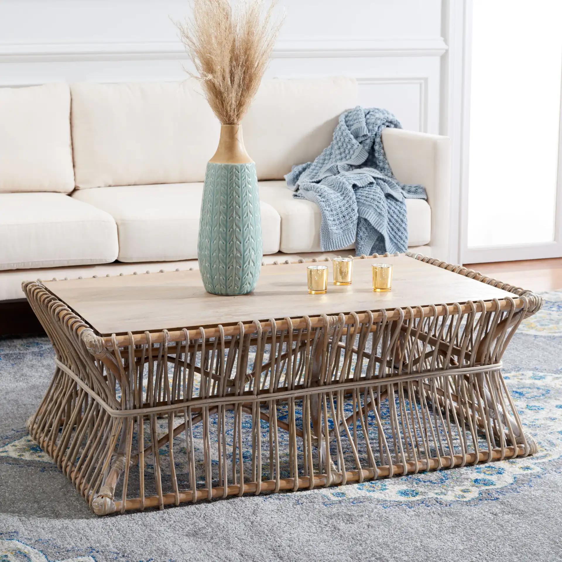Gensho Coffee Table in Gray White Washed in a styled room